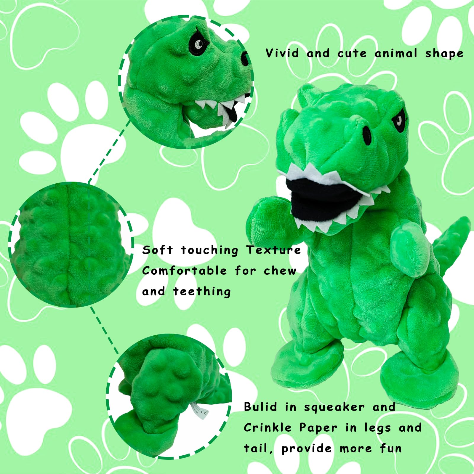 Durable Squeaky Dinosaur Plush Dog Toy with Crinkle Paper - Chew-Proof Stuffed Animal for Small, Medium & Large Dogs - Perfect for Playtime, Training & Teething Relief