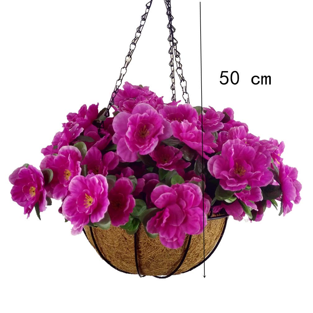 Set of 12 Artificial Azalea Flowers with Hanging Flower Pot & Chain - UV Resistant Outdoor Decor for Patio, Garden, Porch & Balcony - Large Wicker Basket & Lifelike Silk Flowers
