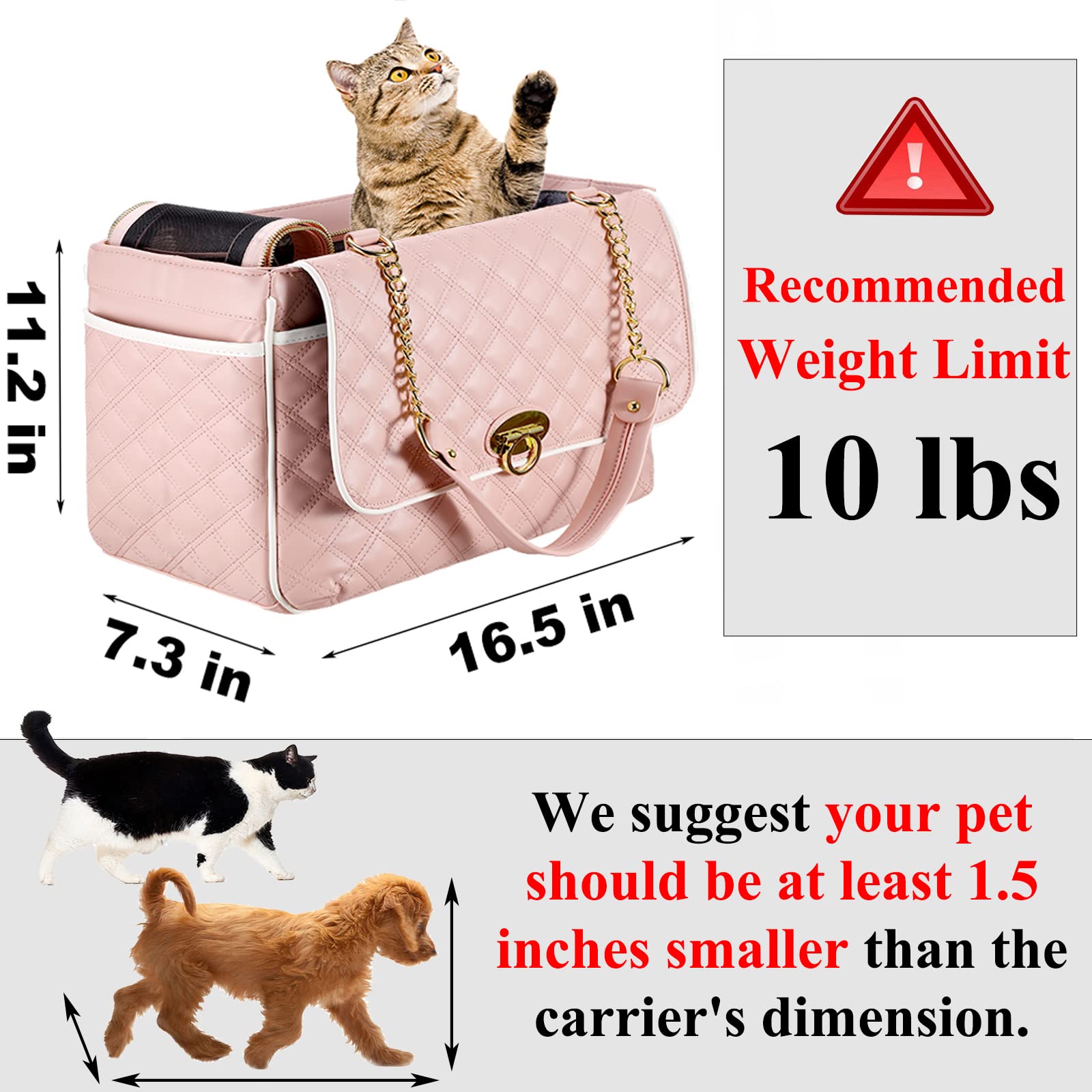 Stylish Pink PU Leather Small Dog Carrier Purse - Airline Approved Pet Travel Bag with 2 Large Pockets for Puppies & Cats (Holds Up to 10lbs) - Perfect for Air Travel, Shopping & Daily Outings