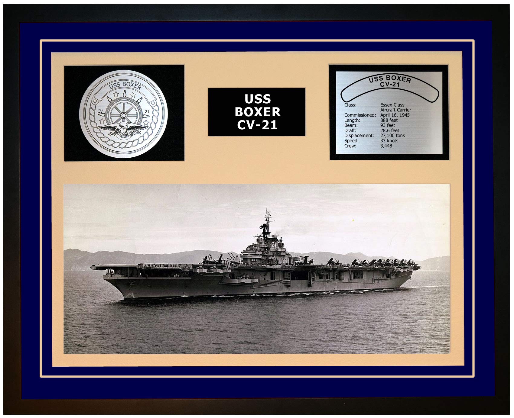USS Boxer CV-21 Navy Ship Model Display - Framed Blue Navy Emporium Collectible | Perfect for Military History Enthusiasts & Home Office Decor
