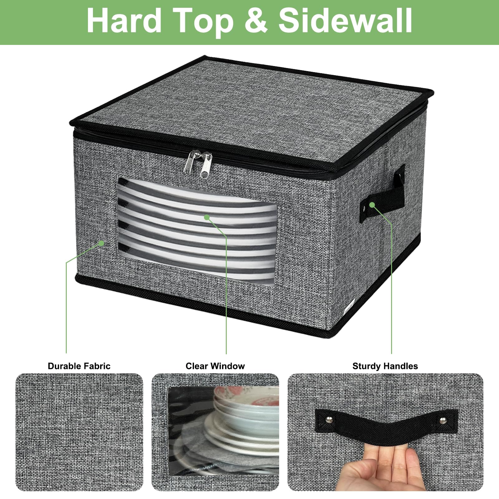 12 Inch Hard Shell Quilted Dinnerware Storage Box with Lids - Dish Plate Organizer for Kitchen, Moving & Home Organization - Dark Grey Storage Container for China, Dishes & Fragile Items