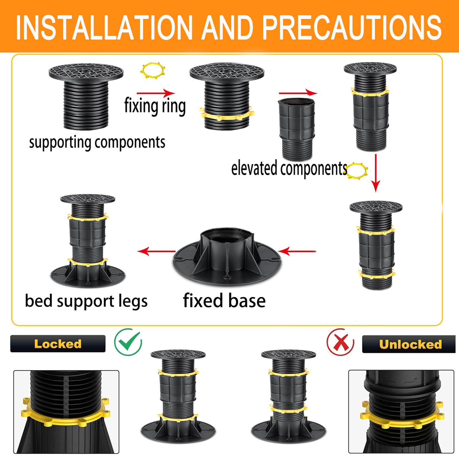 2 PCS Adjustable Bed Support Legs 8.66-13.38 Inch - Heavy Duty Bed Frame Replacement Legs for Center Support & Slats Reinforcement - Perfect for Queen, King Size Beds - Bedroom Furniture Accessories