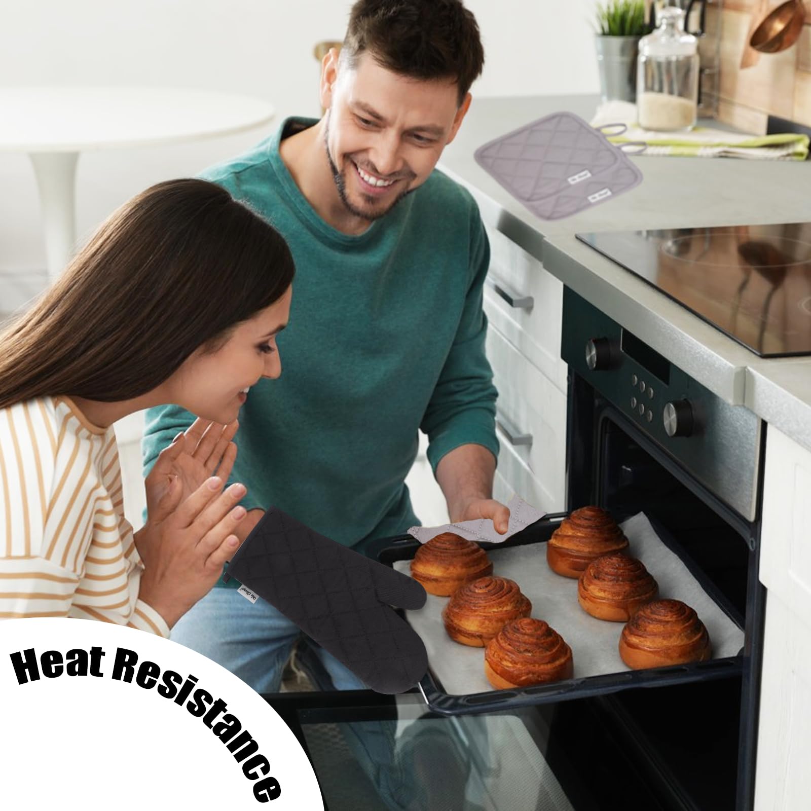 6-Piece High Heat Resistant Oven Mitts and Pot Holders Set - Extra Thick Long Oven Gloves with Recycled Cotton for Baking, Grilling & Cooking (Black) - Perfect for Kitchen, BBQ & Holiday Cooking