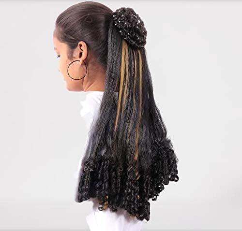 GAURI UMA Golden Highlight Curly Hair Extensions with Juda - Black Color for Women | Perfect for Parties, Weddings & Special Occasions