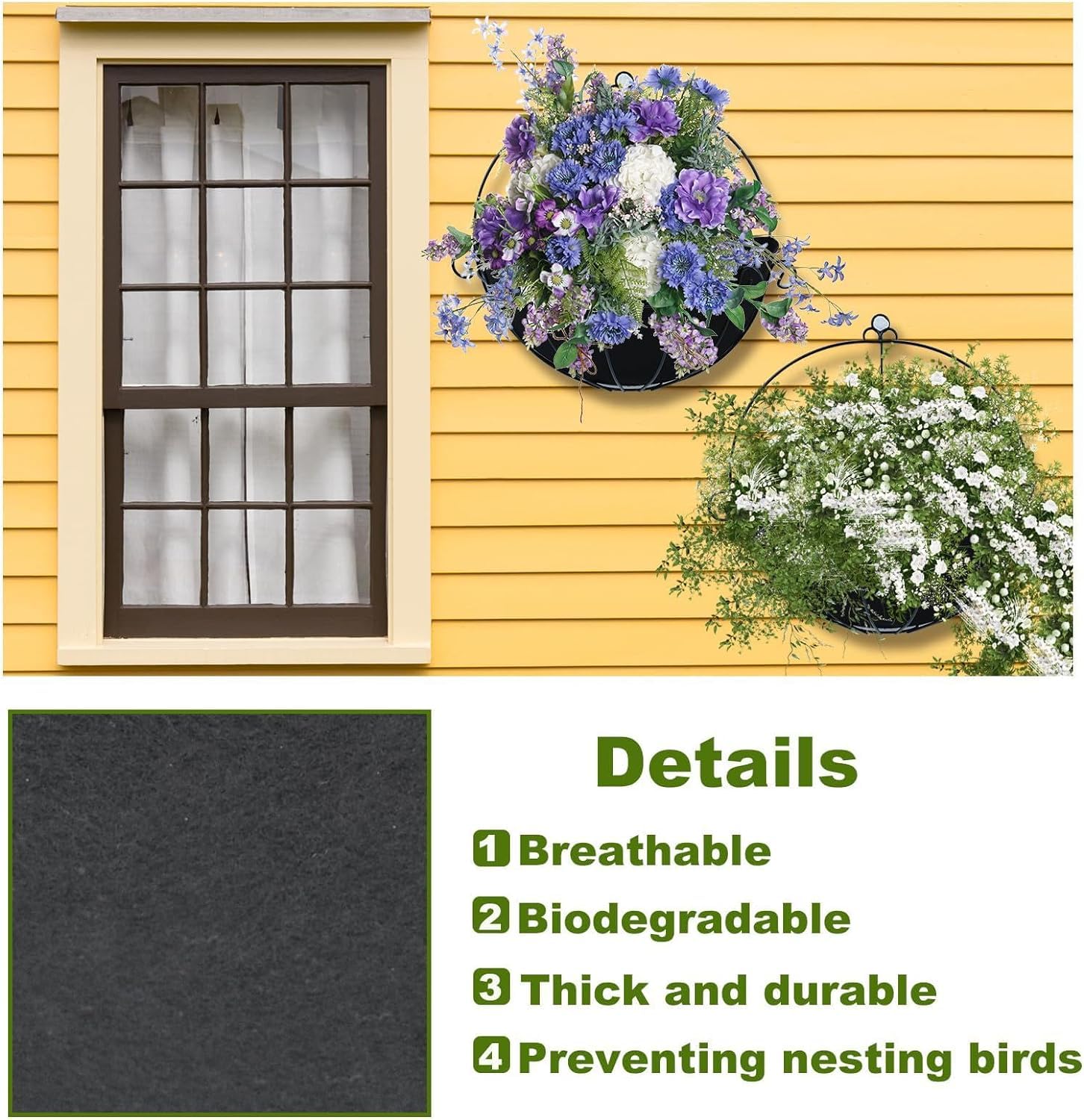 3PCS Half Round Planter Liners - 14 Inch Black Fabric Flower Basket Liners, Durable Felt Garden Liner Replacement for Hanging Baskets & Wall Planters | Perfect for Patio, Balcony & Indoor Gardening Decor