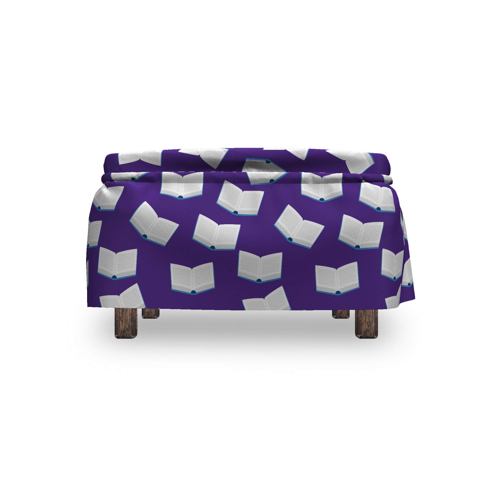 Ambesonne 2-Piece Ottoman Slipcover Set - Open Books Scattered Design with Ruffle Skirt for Square/Round Footstools, Indigo White & Blue Home Decor | Perfect for Living Room, Bedroom & Reading Nook Accent