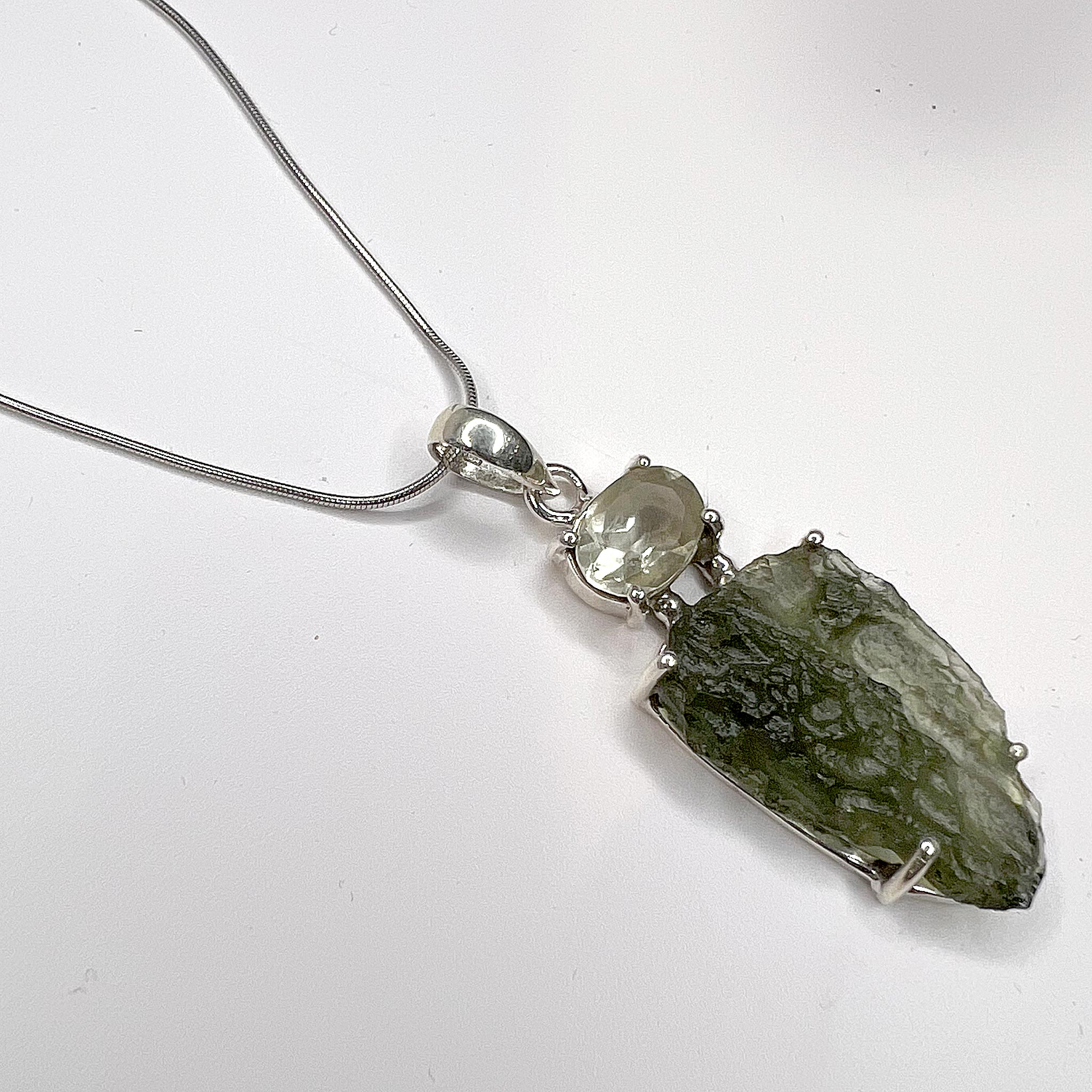 Natural Moldavite Rough Stone & Faceted Libyan Glass Pendant Necklace in Sterling Silver - Perfect for Spiritual Healing, Meditation & Unique Jewelry Gifts