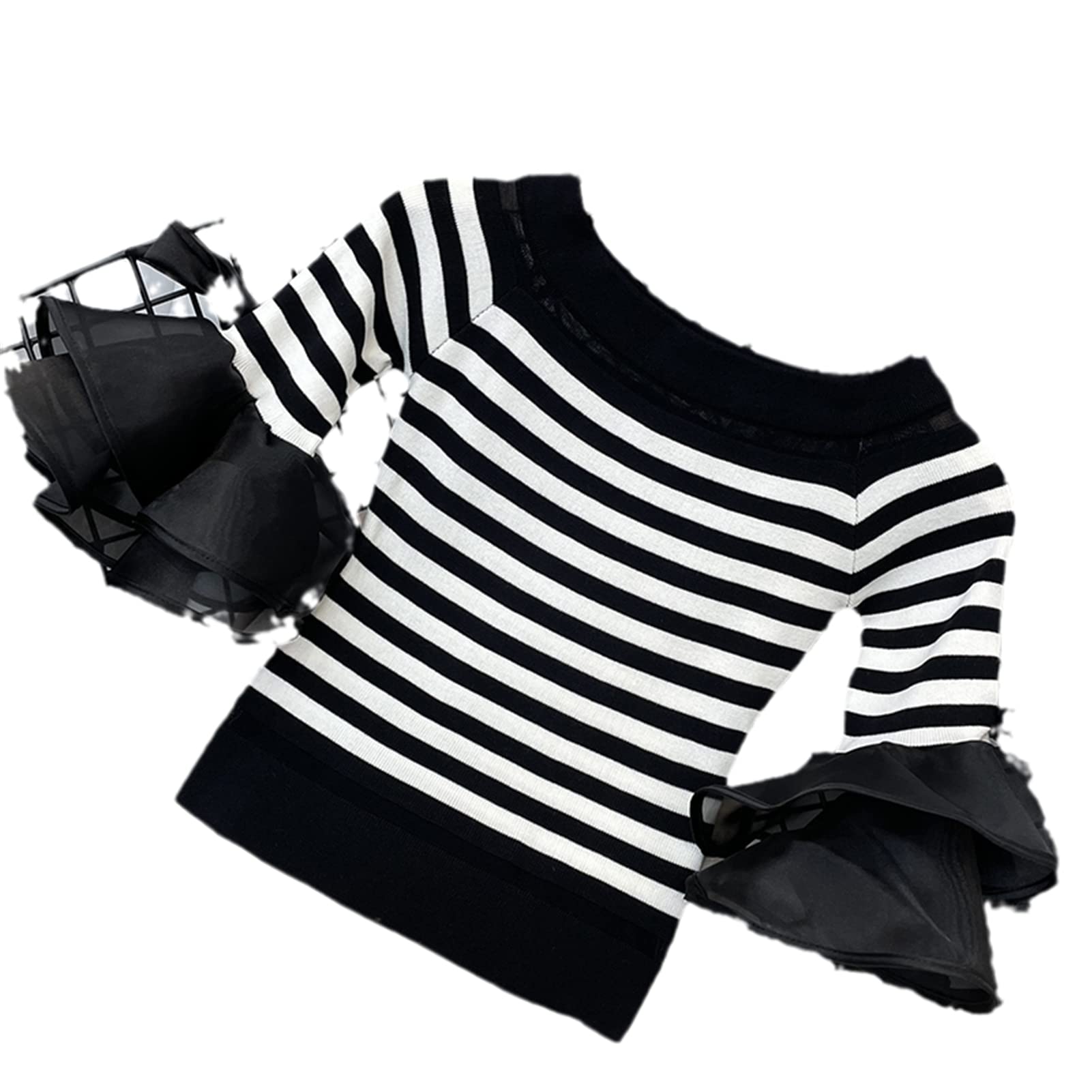 Women's Knitted Crop Top Sweater - Striped Pullover Slash Neck Off Shoulder Blouse | Casual Wear, Layering, Street Fashion, Fall & Winter Outfits