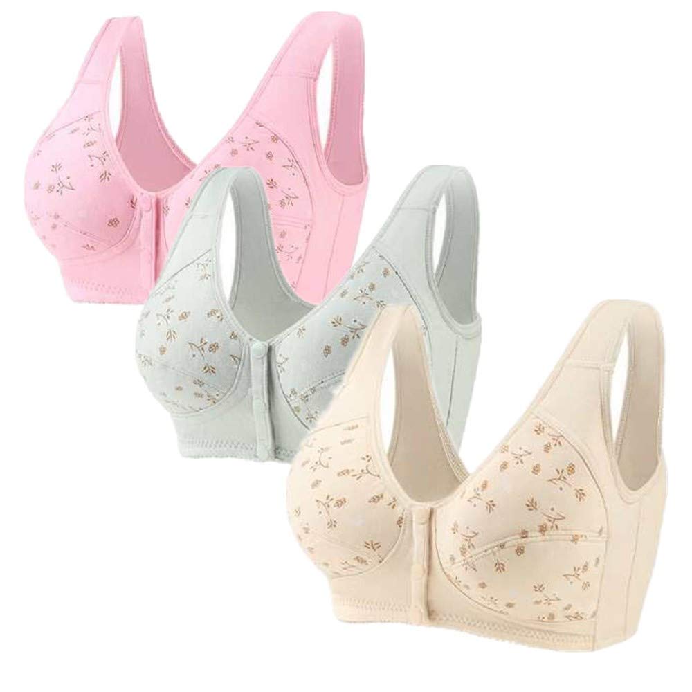 Floral Bras for Elderly Women - Soft Cotton Wireless Front Closure Bra 3-Pack - Comfortable Support for Daily Wear, Lounging & Sleep