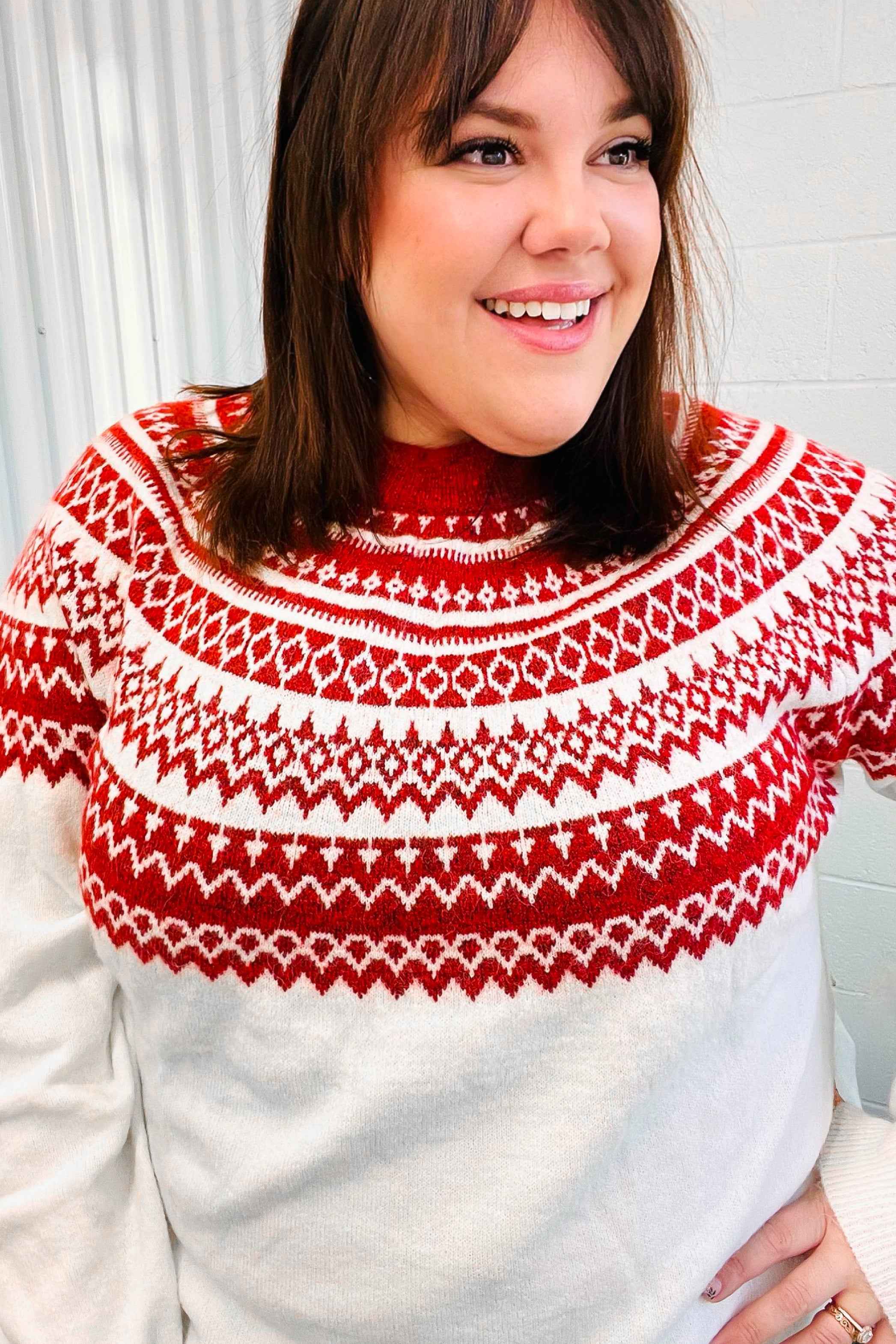 Festive Ivory & Red Fair Isle Mock Neck Sweater - Cozy Christmas Holiday Knitwear for Women, Perfect for Winter Parties & Family Gatherings