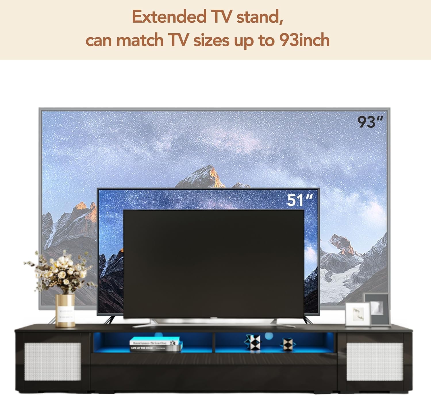 90 Inch TV Stand with LED Lights - Modern Entertainment Center for 85 80 75 70 Inch TVs, Black TV Console with Storage | Perfect for Living Room Home Theater Setup