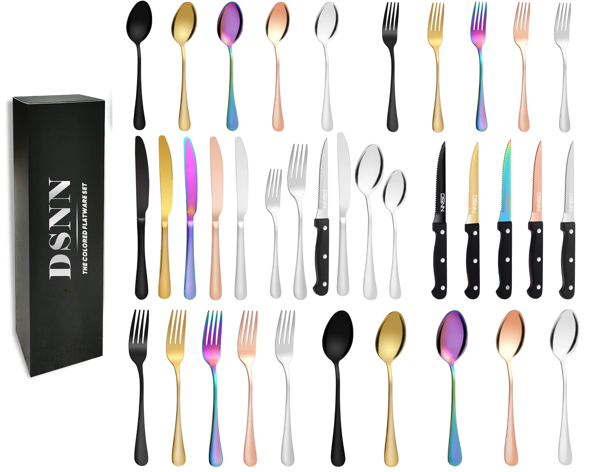 DSNN 36-Piece Stainless Steel Silverware Set for 6 - Modern Cutlery Set in Black, Gold, Silver, Rose Gold & Rainbow Colors - Elegant Flatware for Dining, Parties, Weddings & Home Decor