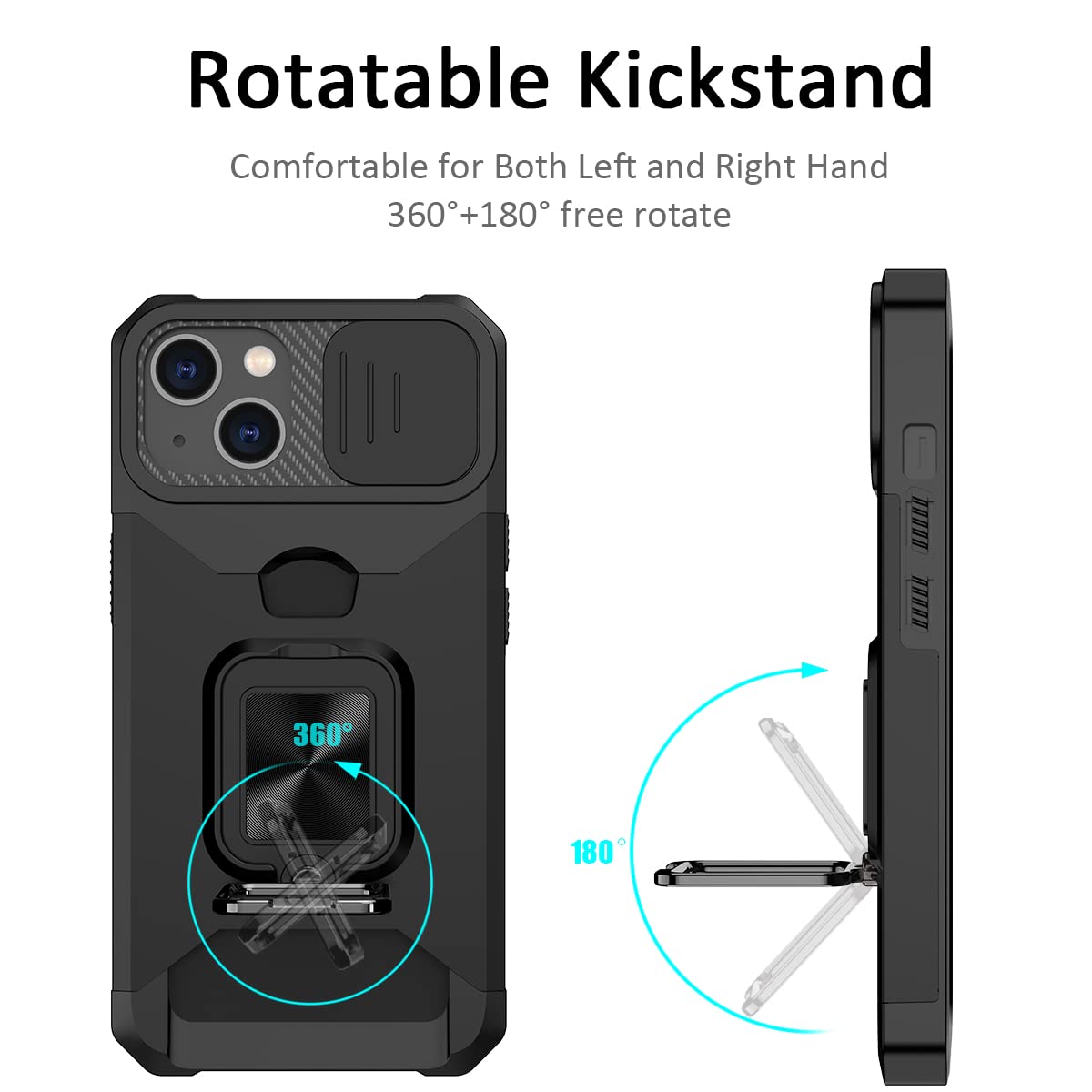 NOLLNOE Heavy Duty Protective iPhone 14 Case (6.1 inch) - Magnetic Ring Kickstand, Sliding Camera Cover & Card Holder - Shockproof Slim Phone Cover for Women & Men (Black) | Perfect for Outdoor Activities, Travel & Daily Use