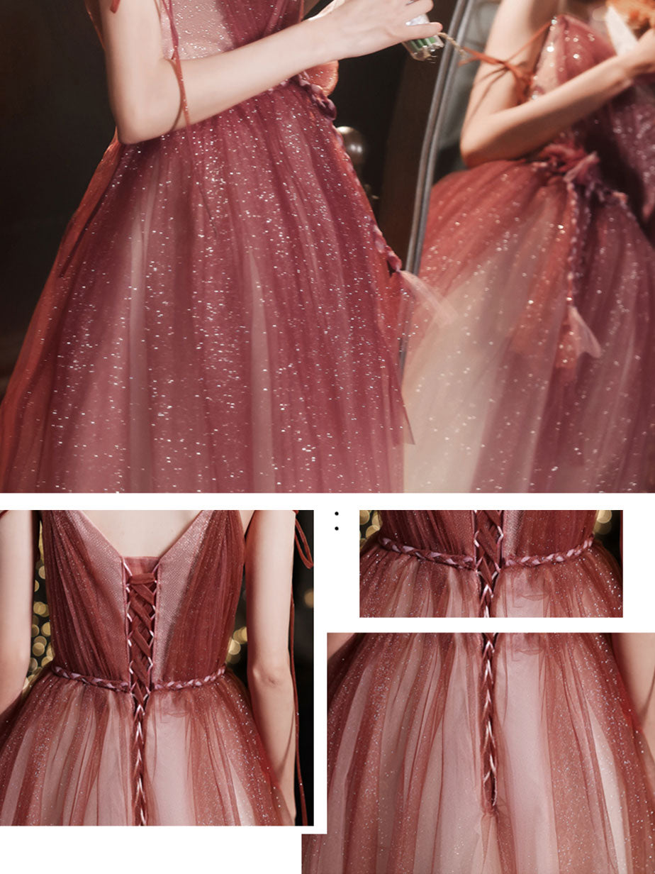 Elegant Burgundy Tulle Long Prom Dress for Women - Formal Graduation Gown with Flowy Skirt - Perfect for Homecoming, Ballroom Dance & Special Occasions