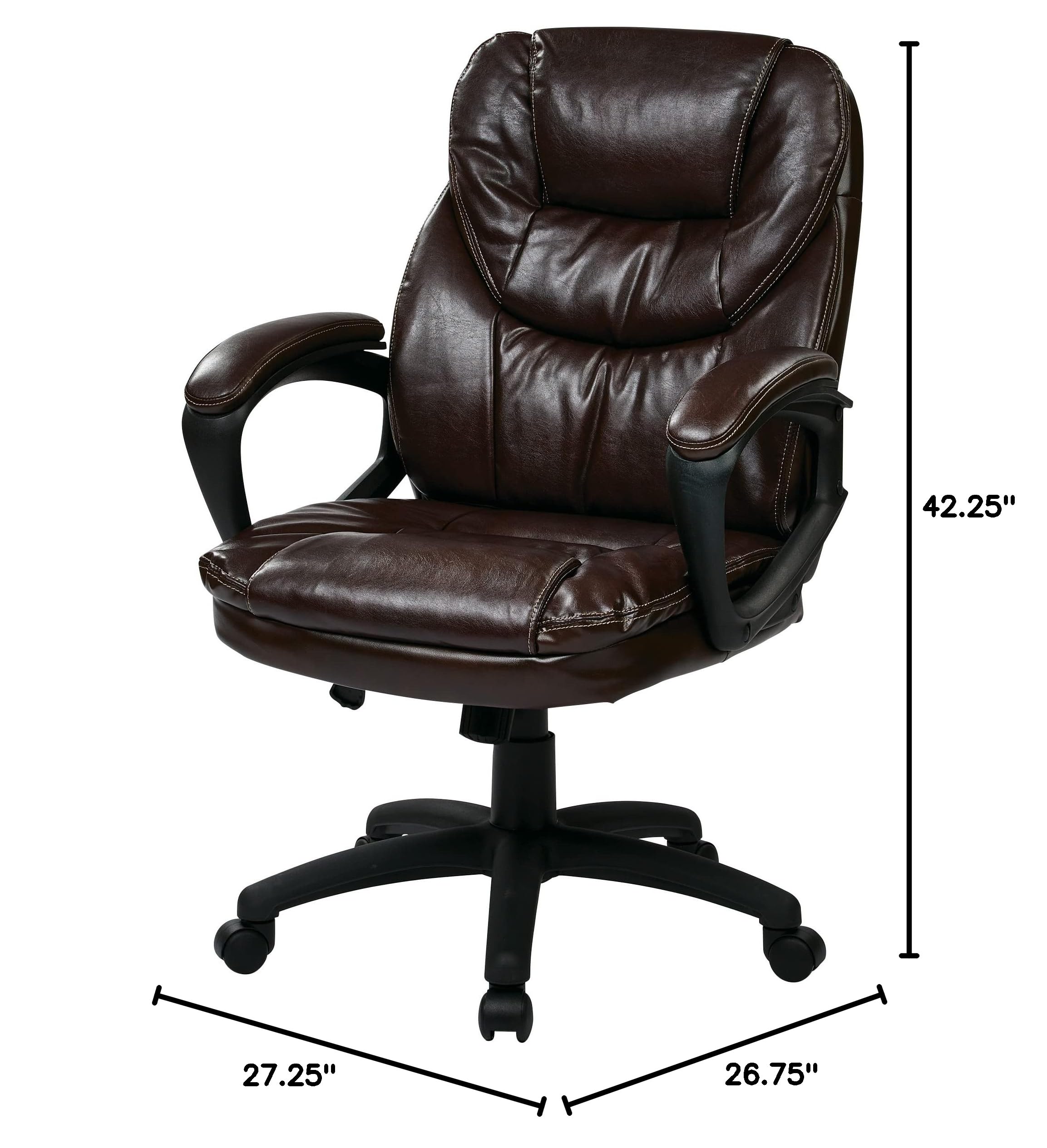 Office Star FL Series Faux Leather Adjustable Office Chair with Lumbar Support & Padded Arms - Chocolate - Ergonomic Manager Chair for Home Office, Gaming & Workspace Comfort