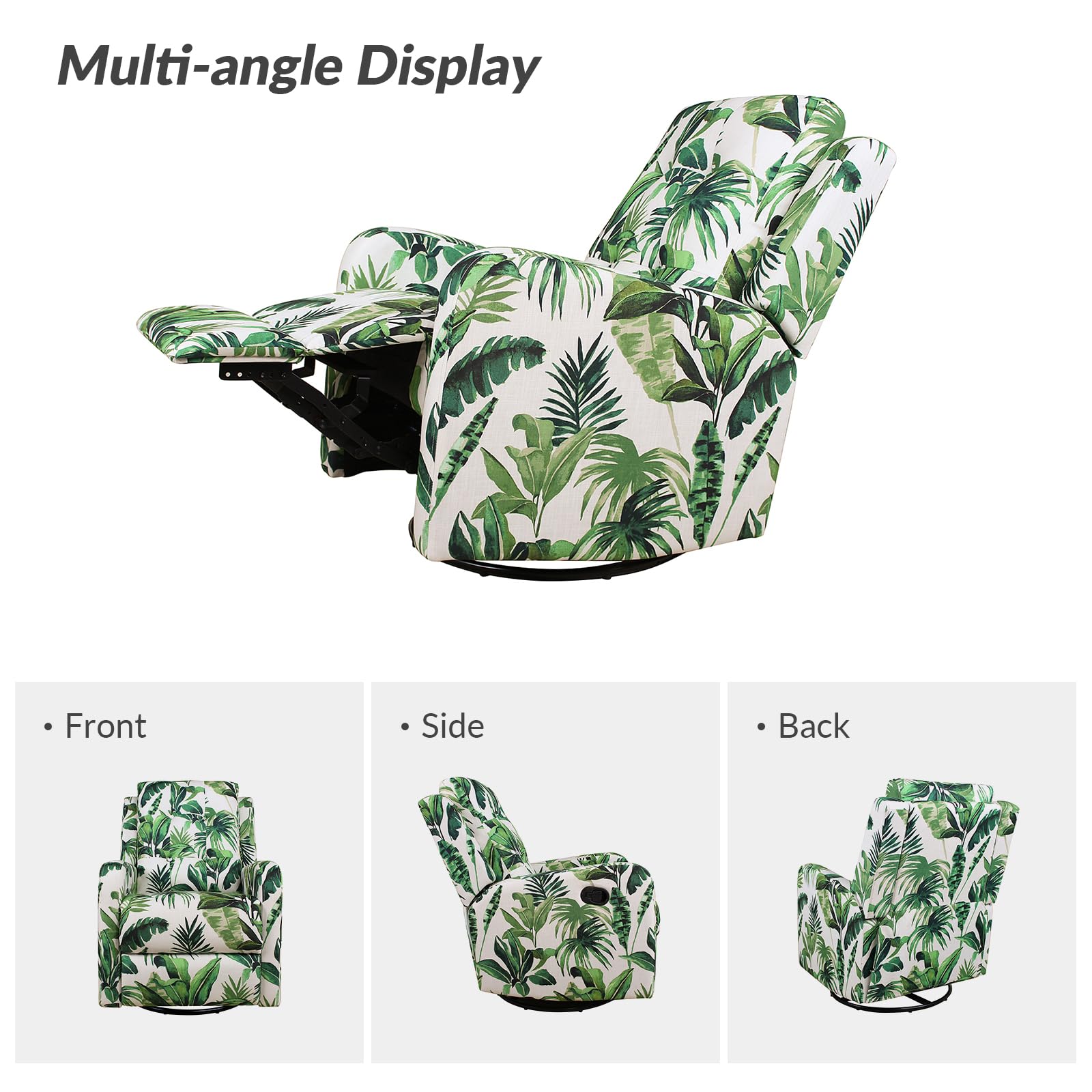 HULALA HOME 2-Piece Recliner Chair Set - Modern Printed Fabric Living Room Rocking Recliner Sofa with 360° Swivel, Adjustable Backrest & Footrest - Comfortable Armchair for Nursery, Bedroom & Lounge (Green) - Perfect for Relaxing, Reading & Watching TV