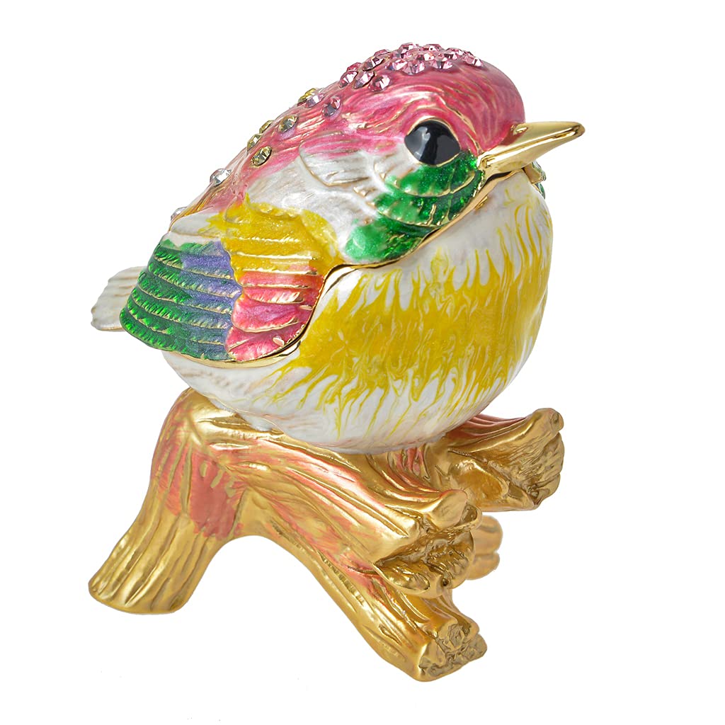 Vintage Golden Enameled Sparrow Bird Jewelry Box with Colorful Crystals - Hinged Figurine Trinket Box for Home Décor | Unique Gift for Bird Lovers | Perfect for Jewelry Storage, Display Shelf Decor, and Special Occasion Gifting