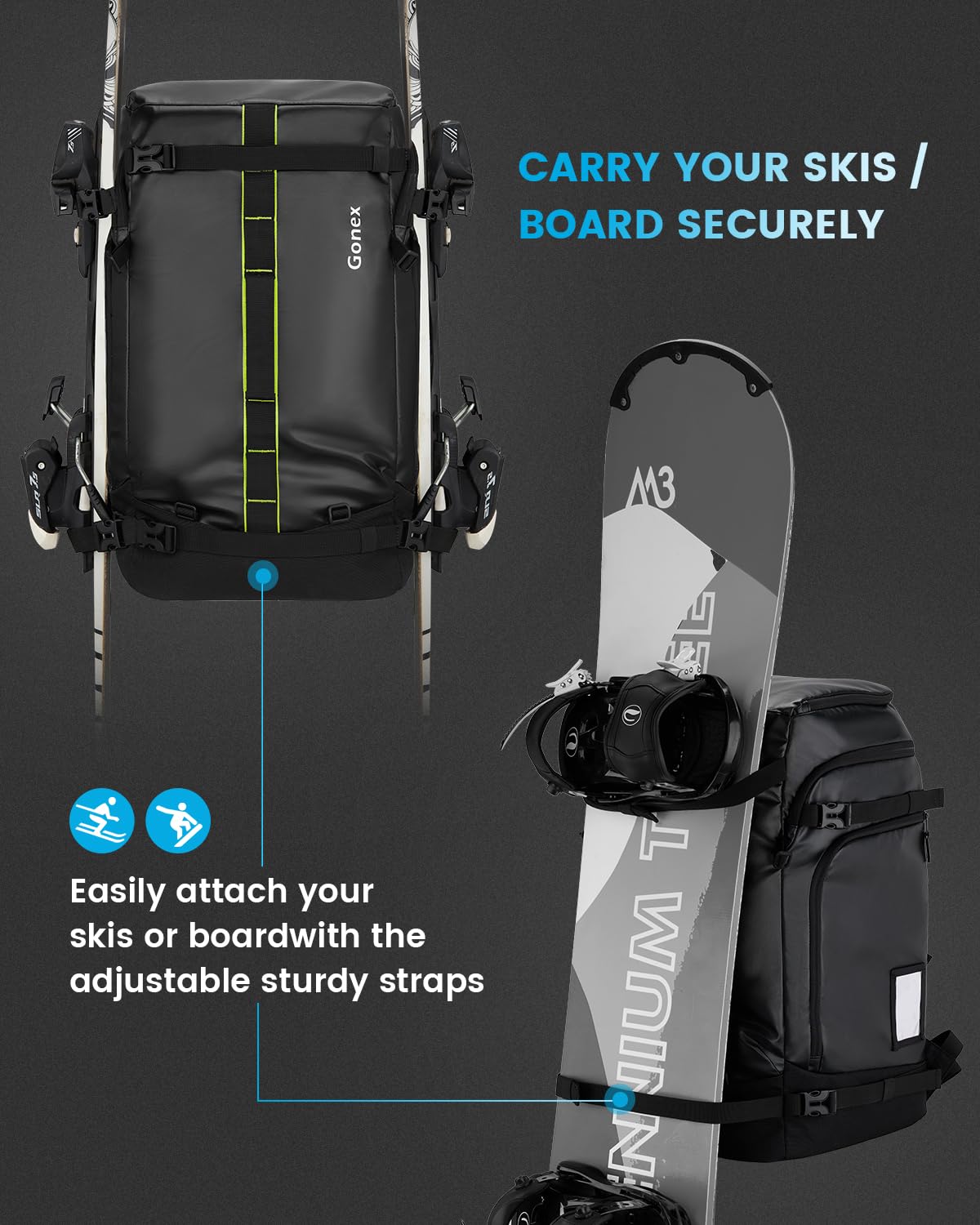 Gonex 50L Waterproof Ski Boot Backpack for Men & Women - Travel Snowboard Bag with Helmet & Goggles Storage - Durable Ski Gear Carrier for Boots, Outerwear & Accessories - Perfect for Ski Trips, Snowboarding & Winter Travel (Black)
