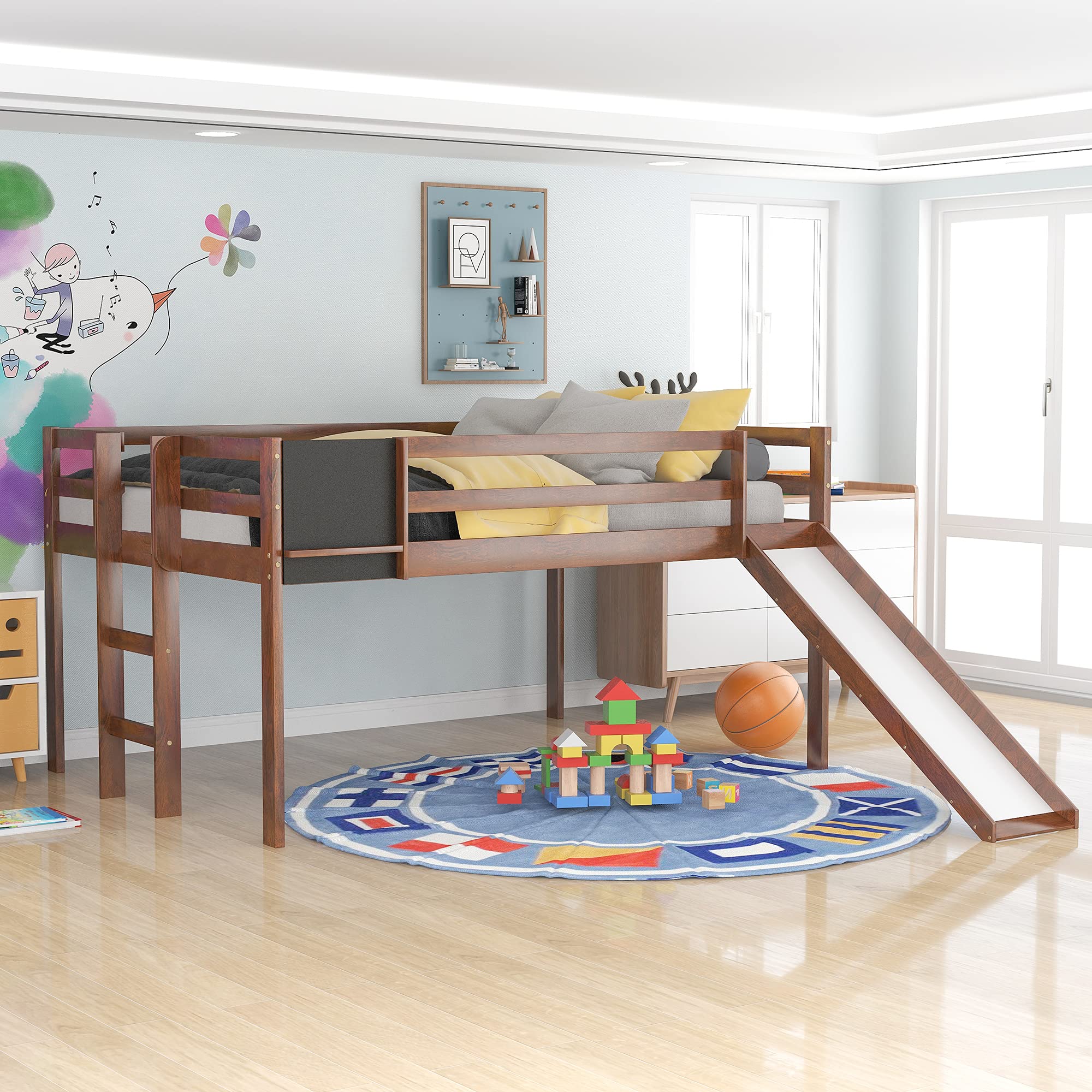 **Low Loft Bed with Slide & Chalkboard – Twin Size Kids Loft Bed Frame for Bedroom, Living Room, Guest Room – Easy Assembly, No Box Spring Needed – Walnut Finish – Perfect for Playrooms & Small Spaces**