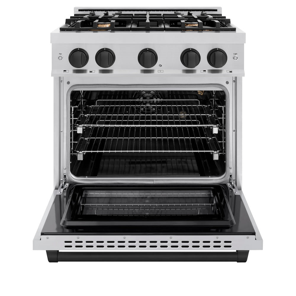 ZLINE Autograph Edition 30-inch 4.2 cu. ft. Gas Range with 4 Burner Cooktop & Convection Oven - Stainless Steel with Matte Black Accents (HGRZ 30 MB) - Perfect for Modern Kitchens and Professional Cooking