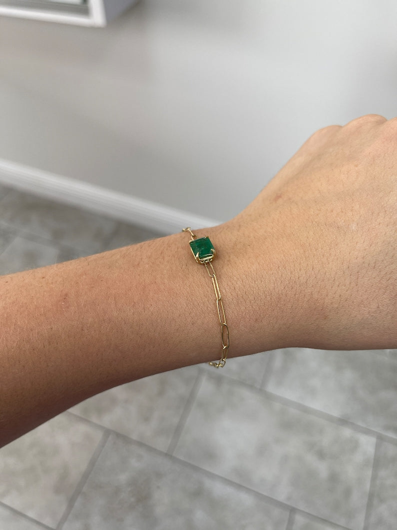 2.68ct 14K Natural Emerald Cut Solitaire Paperclip Bracelet - Lush Dark Green Gemstone, 4 Claw Prong East-West Setting | Elegant Jewelry Gift for Women, Perfect for Weddings, Anniversaries & Special Occasions