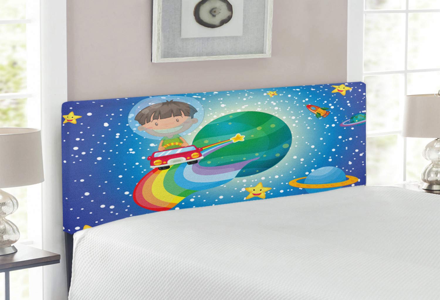 Lunarable Full Size Cars Headboard - Cartoon Illustration of Boy Driving in Outer Space with Happy Stars & Planets, Upholstered Decorative Metal Bed Headboard with Memory Foam in Blue Green - Perfect for Kids' Room, Space-Themed Bedroom & Unique Home Decor