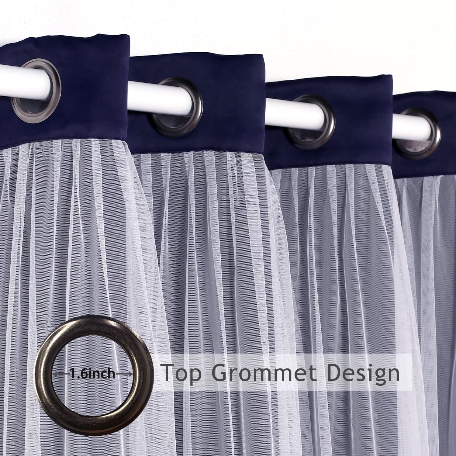 BONZER White Sheer Tulle Overlay Blackout Curtains with Grommet Top - 52x95 Inch Navy Living Room Curtains (Set of 2 Panels) for Bedroom, Nursery & Home Theater Light Control