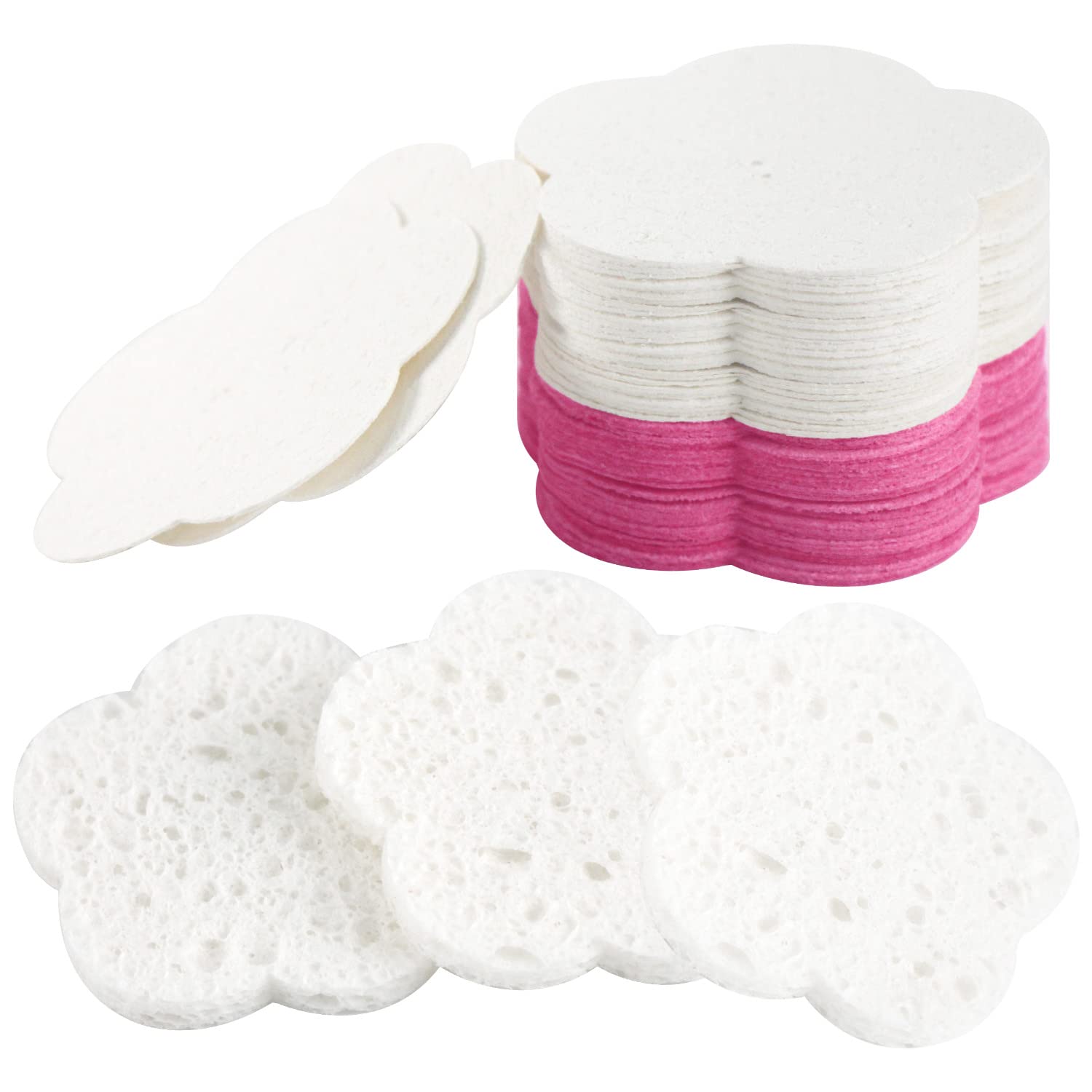 50-Count Compressed Facial Sponges | Natural Cleansing Pads | Cute Flower Exfoliating Sponges | Reusable Makeup Remover | Best Gift for Skincare Lovers (White+Pink) | Perfect for Daily Face Cleansing & Gentle Exfoliation