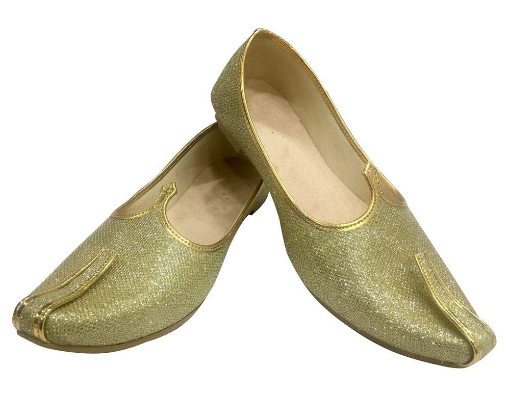 **Handmade Gold Glitter Wedding Shoes for Men – Formal Ethnic Jutti Mojari – Perfect for Weddings, Parties & Special Occasions**