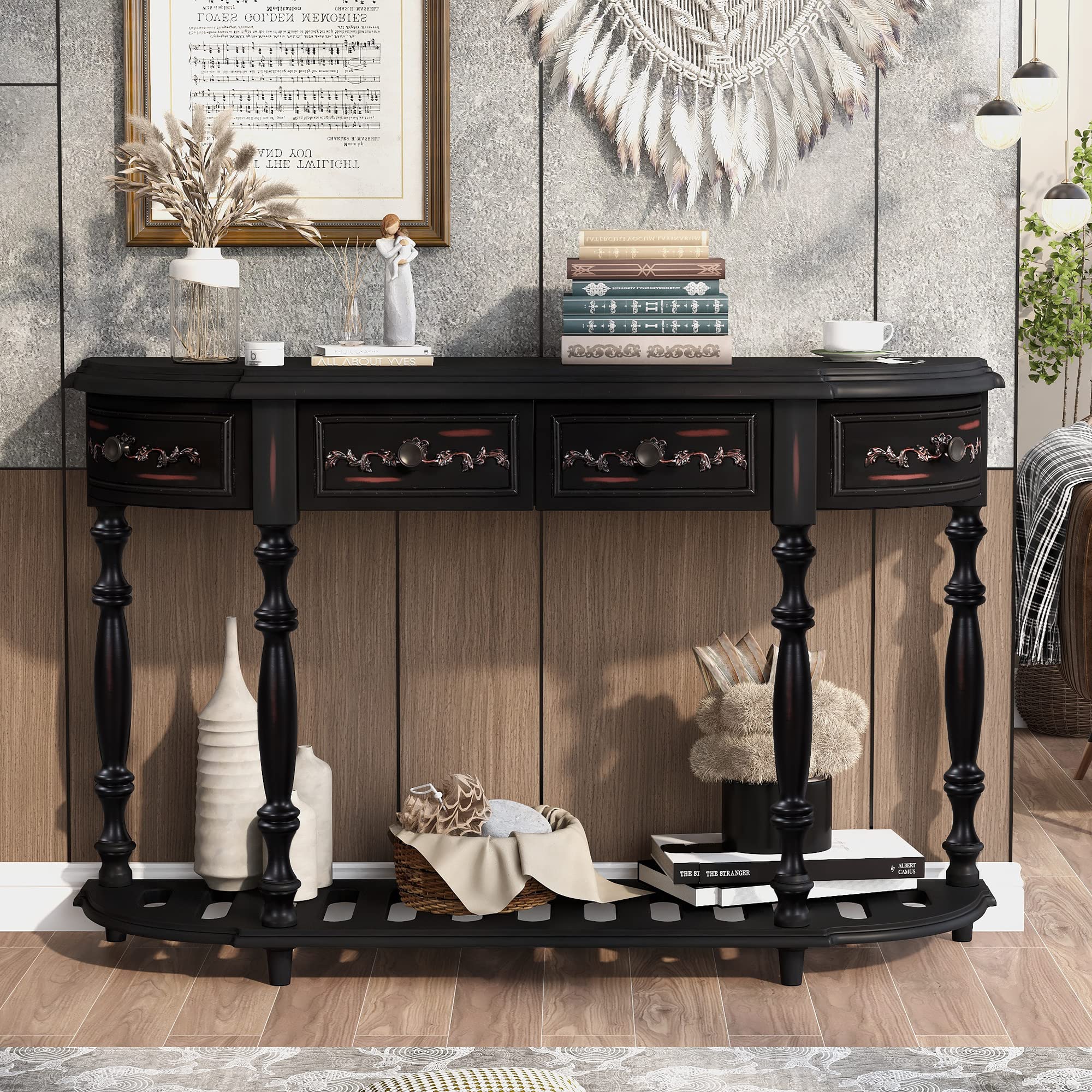 Vintage Round Curved Console Table with 4 Drawers & Bottom Shelf - Retro Entryway Sofa Table, Hallway Storage Sideboard for Living Room, Bedroom & Foyer Decor
