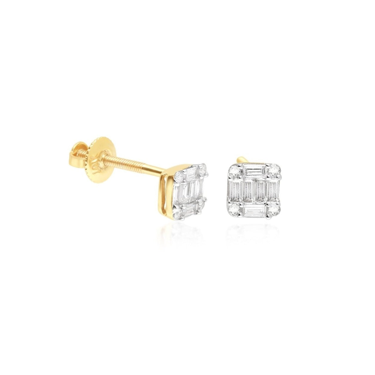 14K Yellow Gold Mixed Diamond Screw Back Earrings for Women - Comfortable Cushion Stud Earrings for Everyday Wear & Special Occasions