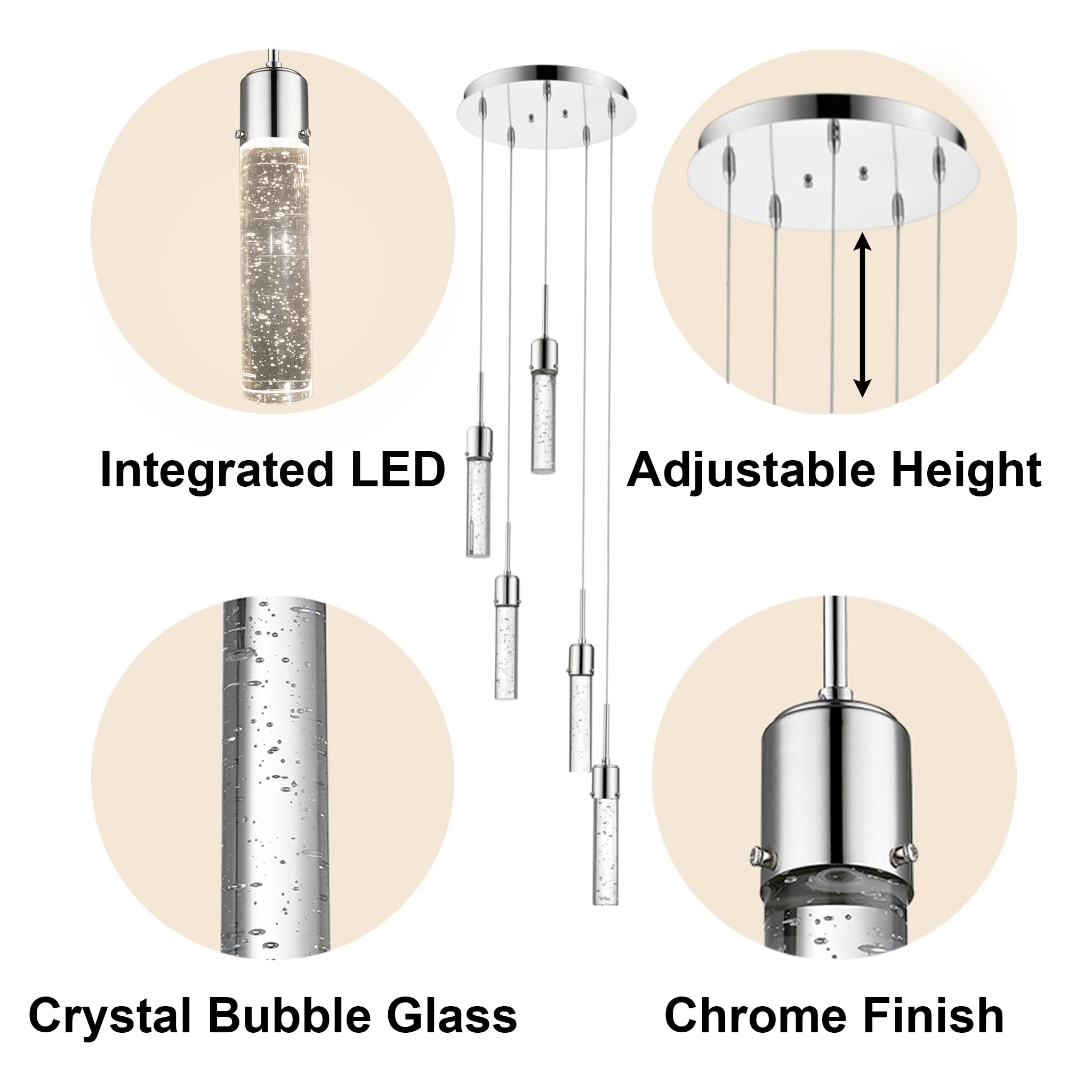 Modern LED Pendant Light - Adjustable Crystal Bubble Ceiling Fixture for Kitchen Island, Dining Room & Living Room | Chrome Finish 4000K Warm White | Perfect for Entryway, Bedroom & Office Lighting