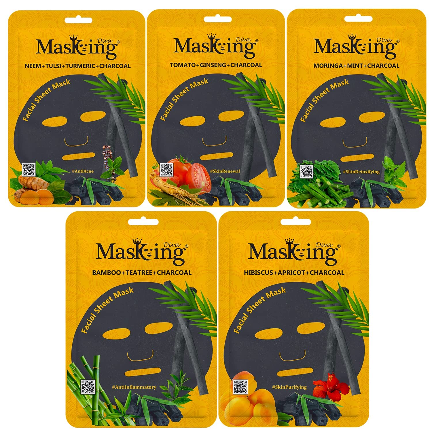 MasKing Beauty Facial Sheet Mask Set - Natural Bamboo Fiber, Charcoal, Lemon, Pink Rose, Tomato & Ginseng - Skin Renewal, Brightening & Blackhead Removal - 3-Pack Combo for Spa Night & Self-Care Routine