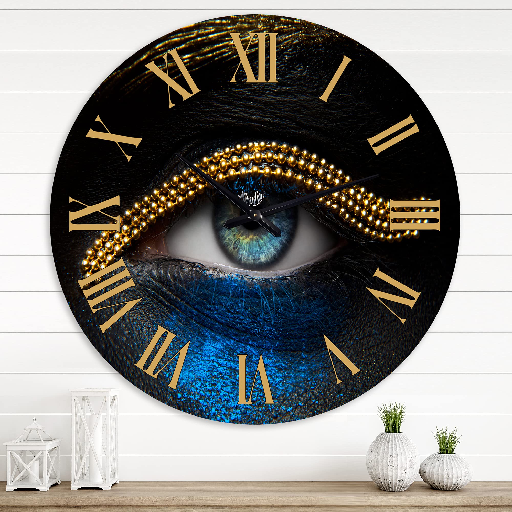 DesignQ Modern Wall Clock - Elegant Woman Eyes with Gold Chain & Blue Pigment - Large Decorative Clock for Living Room, Bedroom, Office - Perfect Home Decor & Unique Gift Idea
