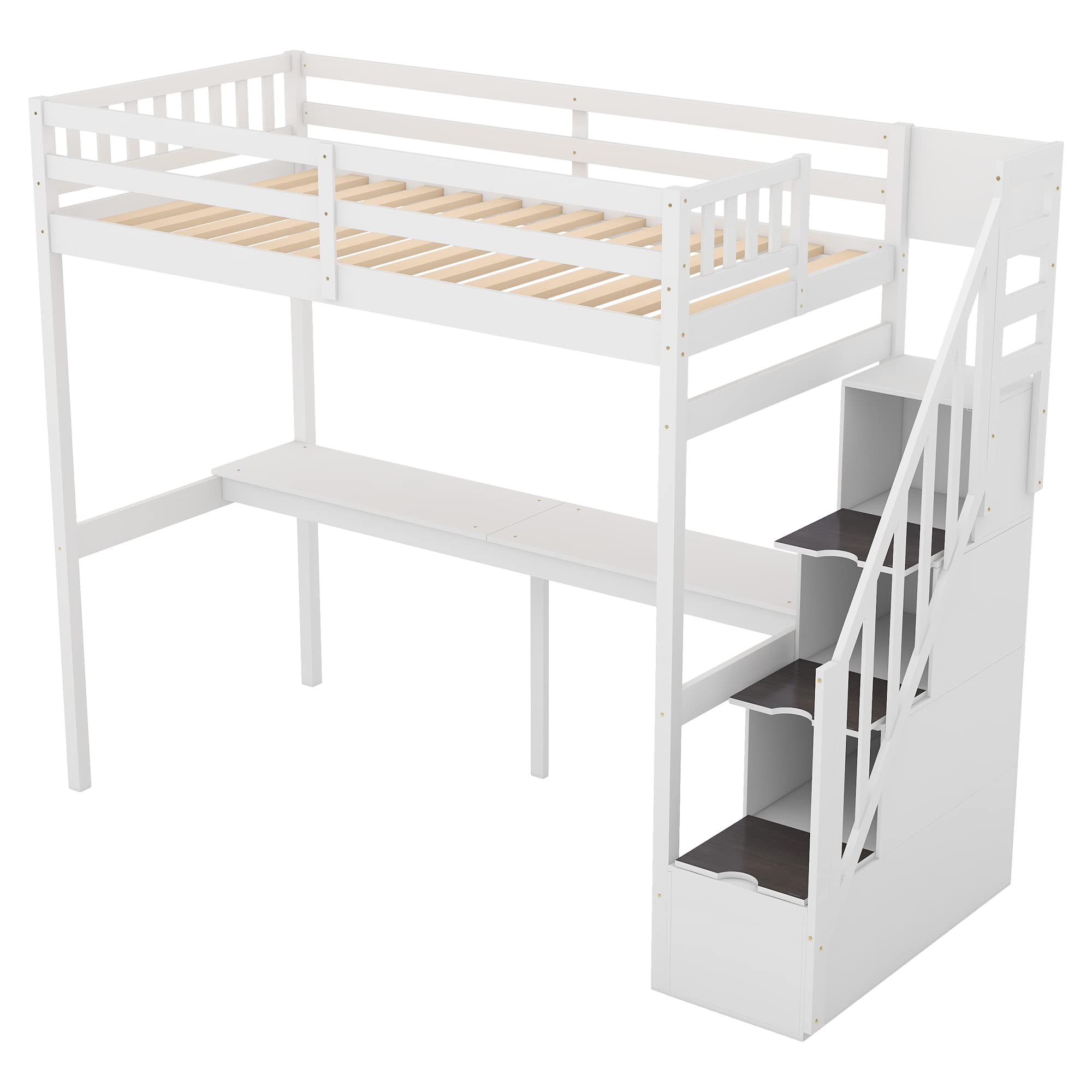 Twin Loft Bed with Desk and Storage - Sturdy Wood Loft Bed Frame with Staircase for Kids, Boys, Girls & Teens - White - Perfect for Small Bedrooms, Dorm Rooms & Kids' Spaces