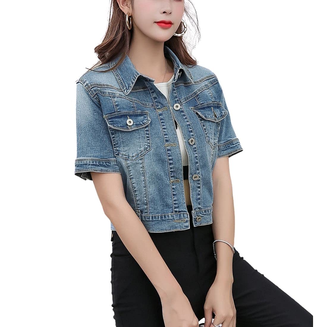 Women's Denim Crop Jacket - Short Sleeve Lapel Collar Button Front Jean Coat | Casual Spring Outfits, Streetwear & Date Night Fashion