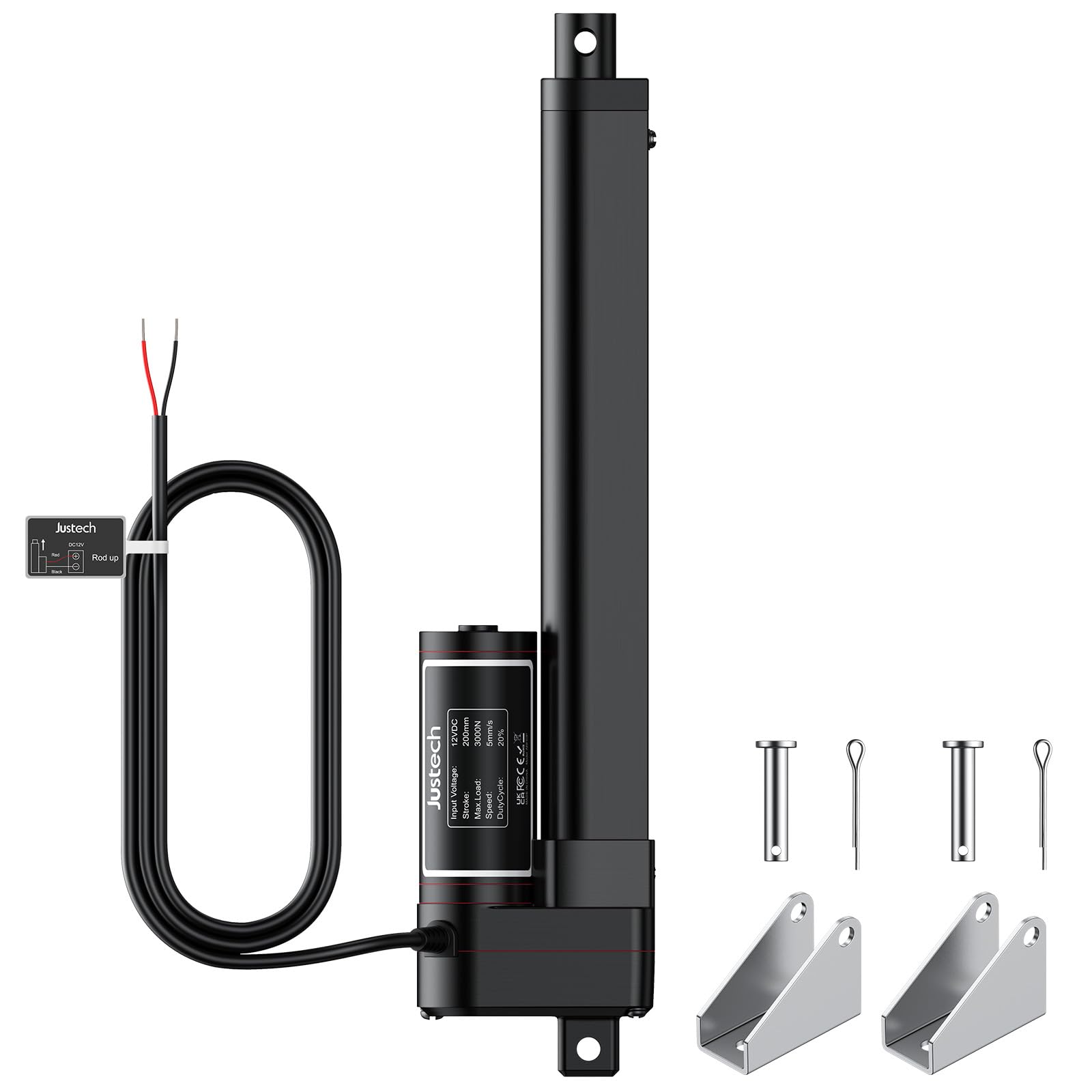 Justech 50mm 2inch Heavy Duty Linear Actuator Motor, 3000N 660LBS Stroke, 12V DC Linear Motion Actuator for Electric Beds, Recliners, Sofas, Industrial Lifting Systems - Black (3000N 200mm) | Perfect for Home Furniture Automation and Industrial Equipment