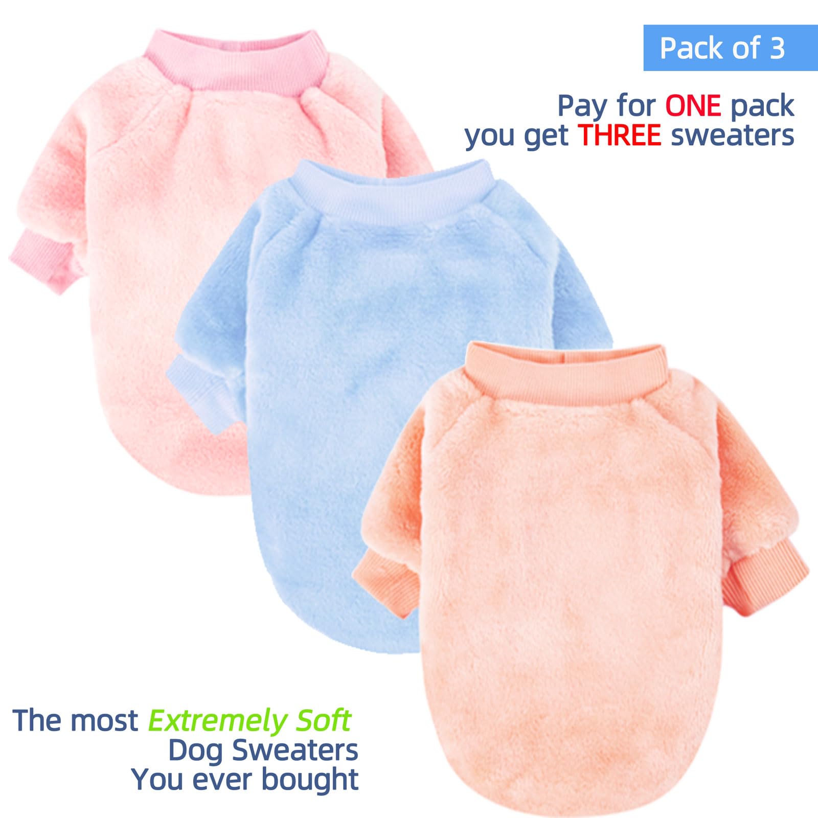 FabriCastle 3-Pack Dog Sweaters for Small & Medium Dogs - Ultra Soft Warm Pet Clothing for Winter, Cozy Cat & Puppy Jackets (Ballet Pink, Sky Blue, Peach, XS) - Perfect for Outdoor Walks & Indoor Comfort