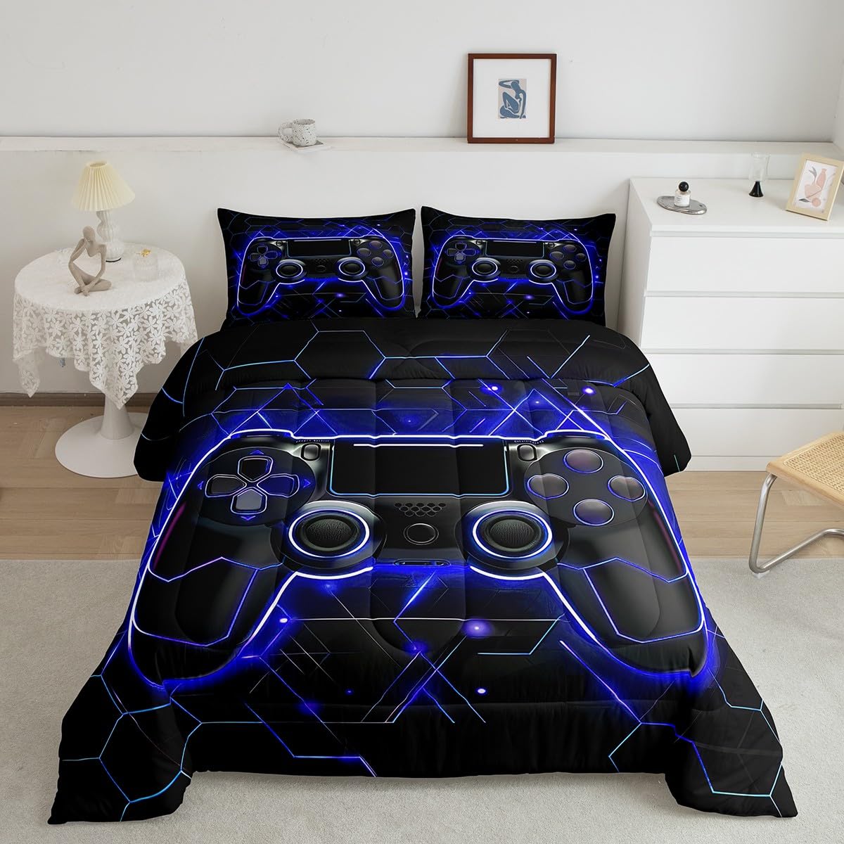 Gaming Comforter Set for Boys - Neon Lights Gamepad Bed Quilt for Teen Bedroom Decor