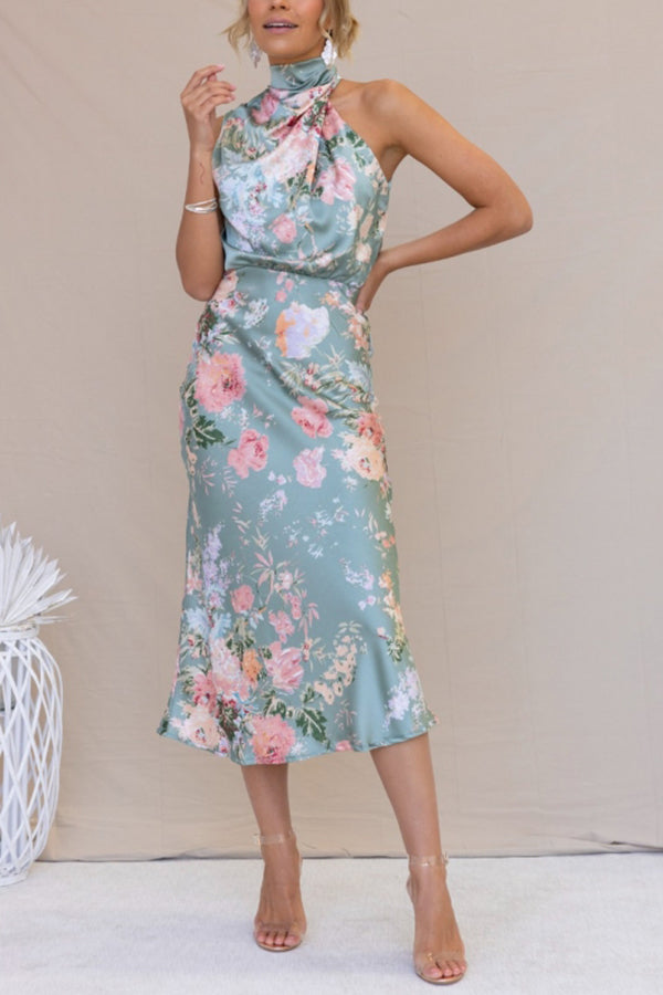 Floral Halter Neck Maxi Dress with Elastic Waist - Perfect for Wine Country Dates, Summer Weddings & Beach Vacations