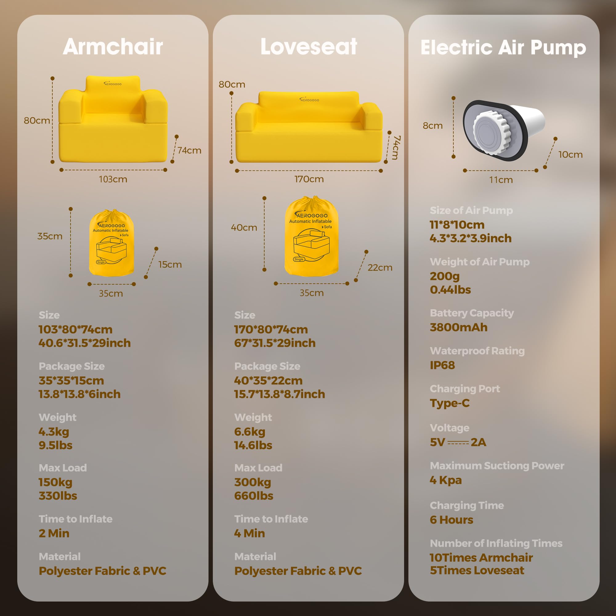**Inflatable Couch with Built-in Pump - Portable Self-Inflating Sofa for Camping, Beach, Picnic & Home - 4kPa High-Pressure Durable Loveseat (Yellow) - Perfect for Outdoor Relaxation & Indoor Lounging**
