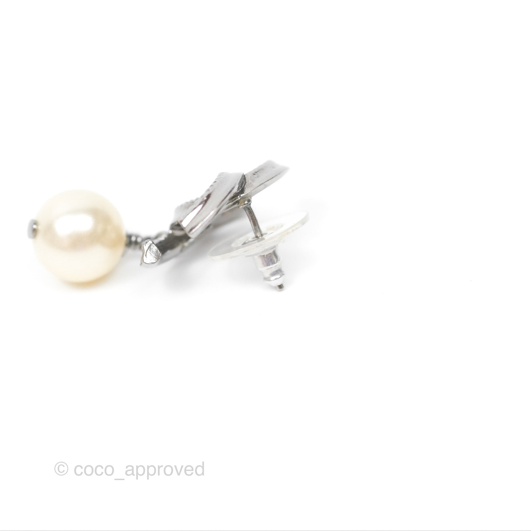 Chanel CC Pearl Drop Earrings in Gun Metal - Elegant Luxury Jewelry for Women | Perfect for Parties, Weddings & Special Occasions