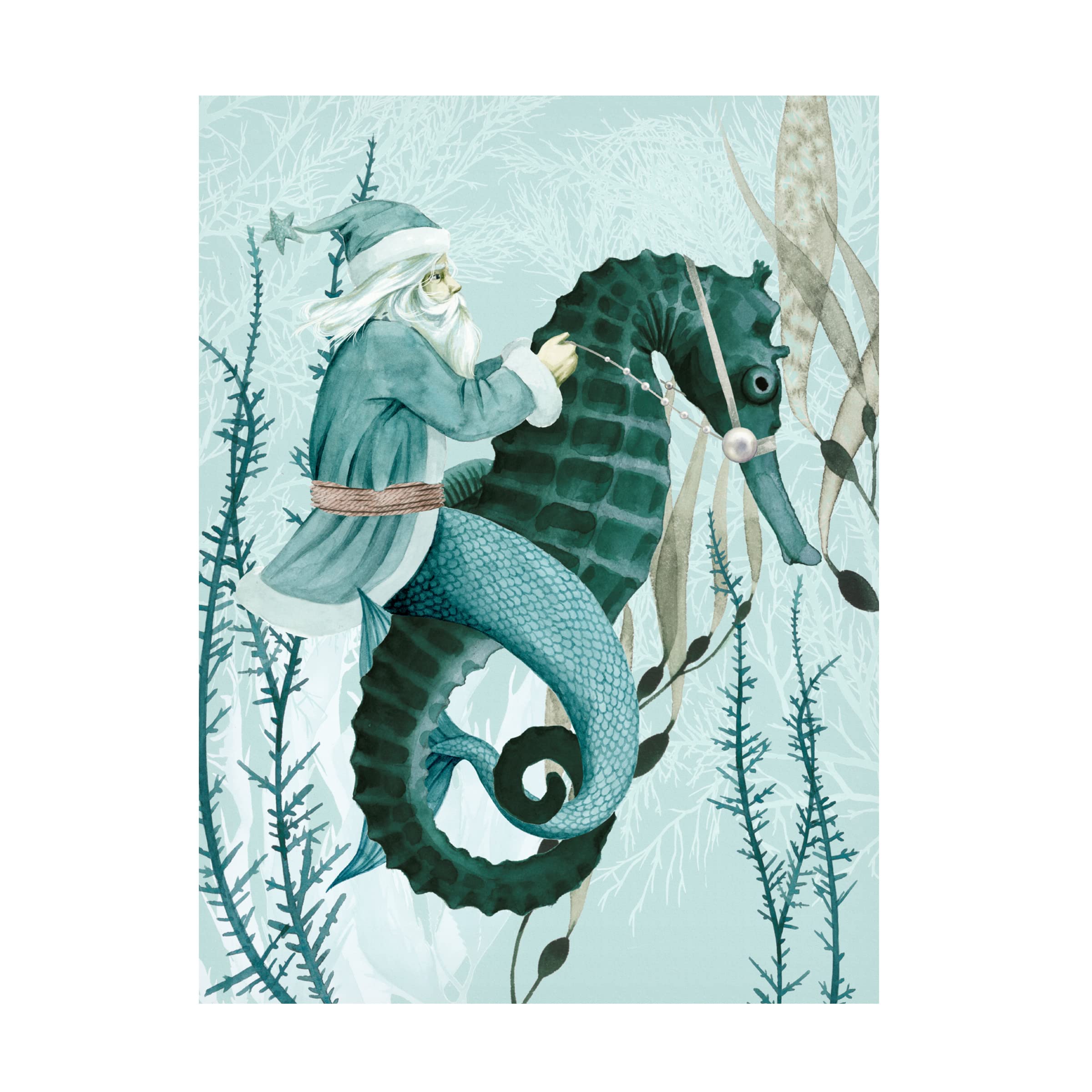 Grace Popp 'The Sea Santa I' Canvas Wall Art Print - Coastal Christmas Decor, Beach House Holiday Gift, Nautical Themed Living Room Painting