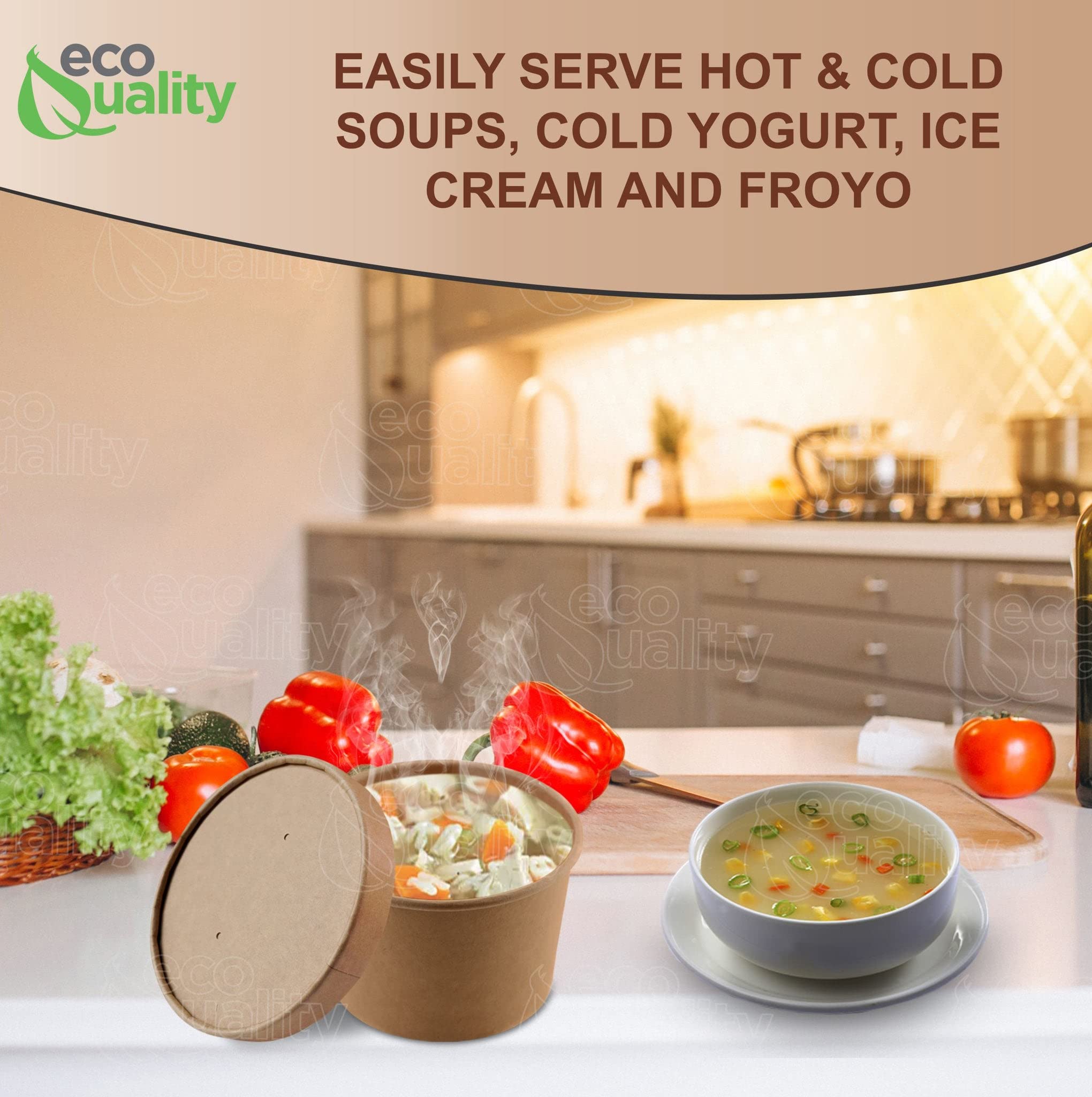 EcoQuality [25 Pack] 8 oz Disposable Kraft Paper Soup Containers with Vented Lids - Microwave Safe Takeout Containers for Ice Cream, Frozen Yogurt, Restaurant Food Storage | Eco-Friendly & Recyclable for Home, Cafes & Catering