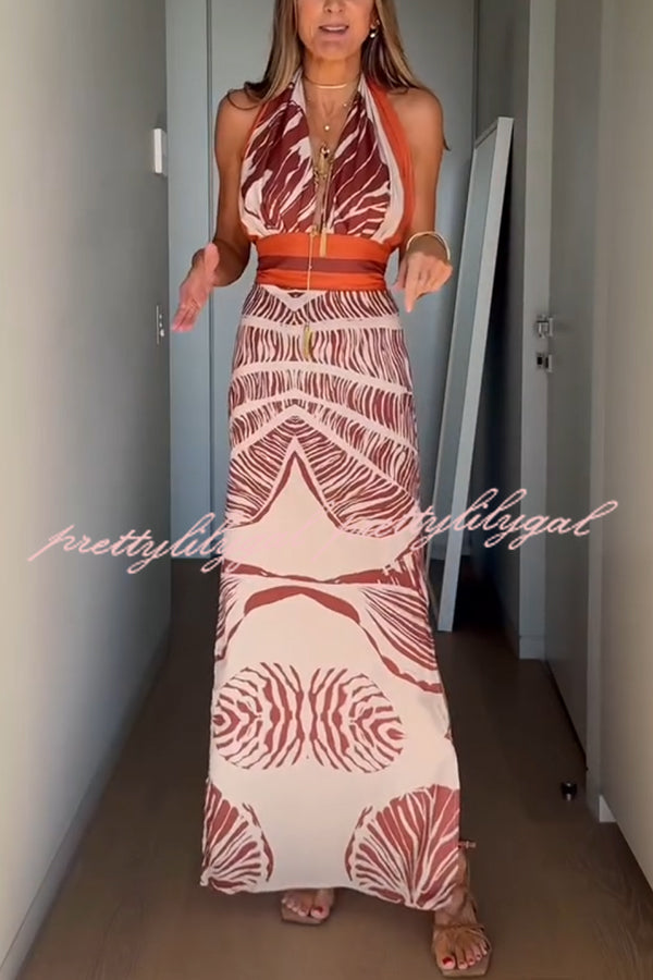 Vacay Bound Linen Blend Unique Botanical Print Halter Maxi Dress - Women's Summer Beach Dress for Vacation, Boho Chic Outfit, Tropical Holiday Wear