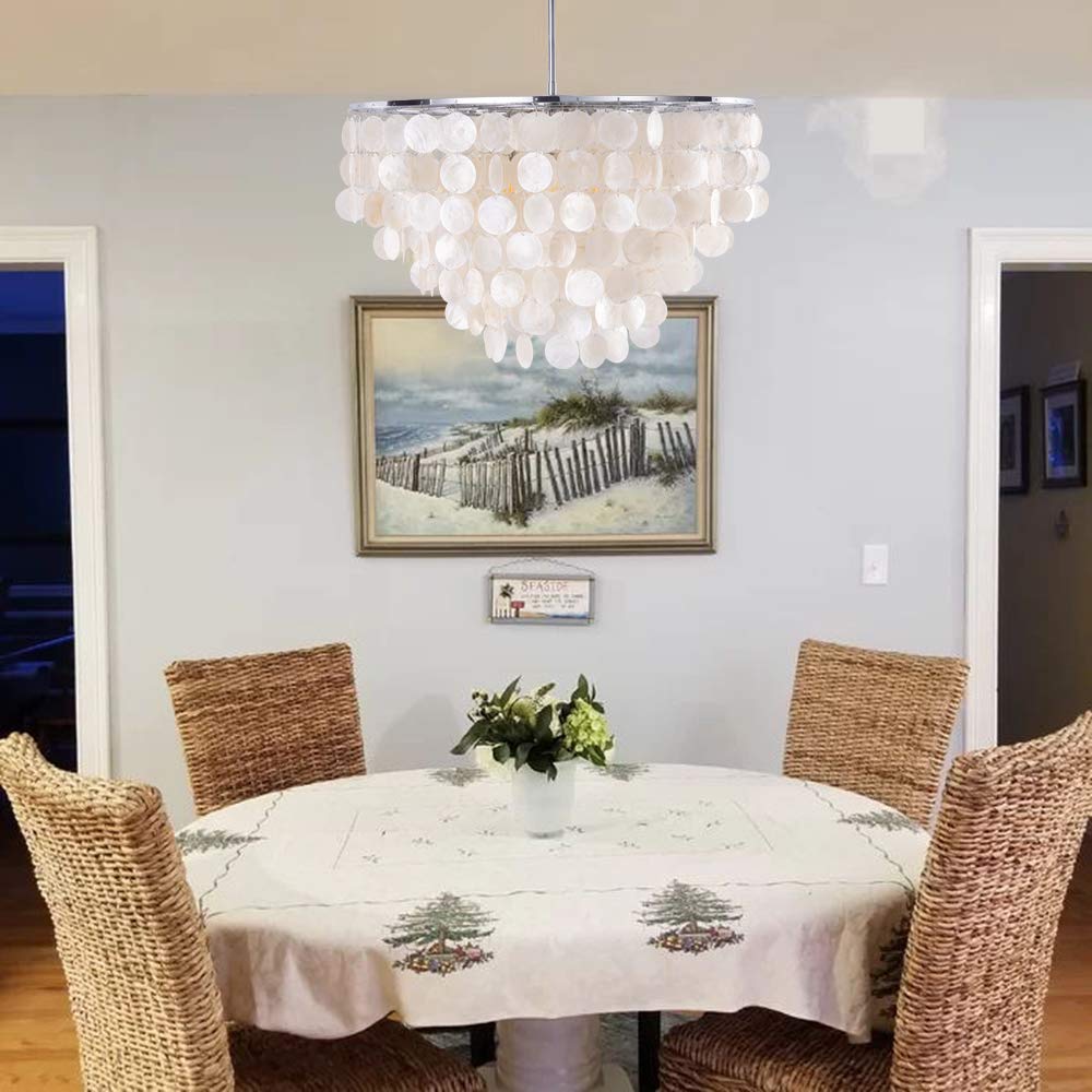 Natural Capiz Shell Chandelier - 6-Light Coastal Modern Pendant Lighting, 24