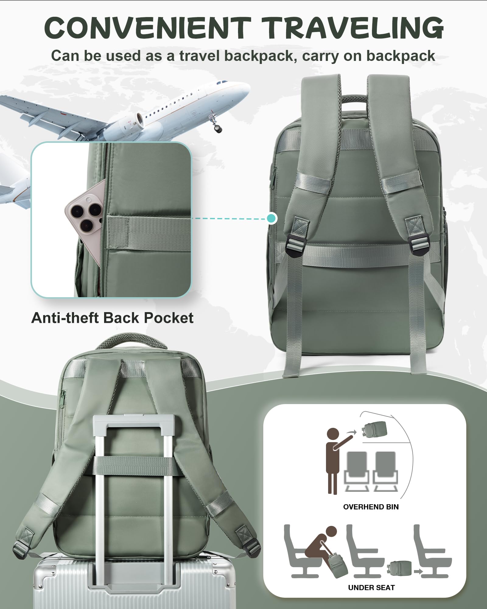 Large Travel Backpack Carry On - Flight Approved 40L Backpack for Women & Men, Airplane Personal Item Bag with USB Charging Port - Perfect for Business Trips, Weekend Getaways & International Travel (Green)