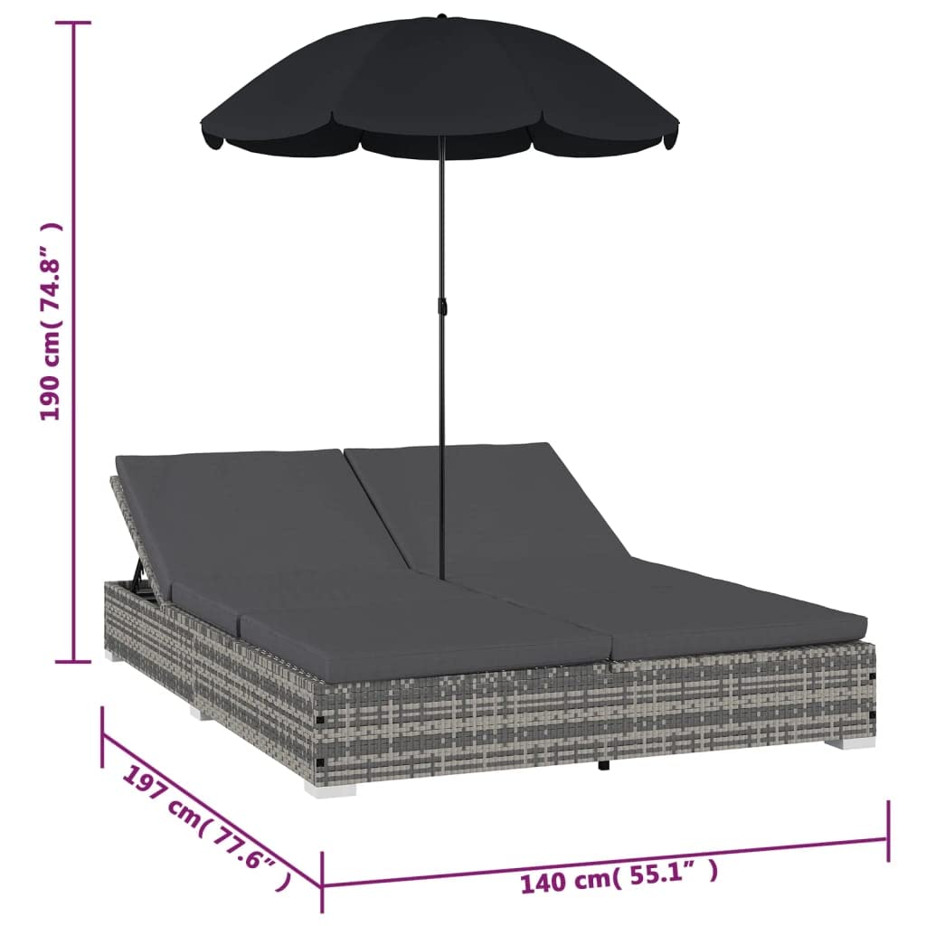 vidaXL Double Chaise Lounge Patio Daybed with Umbrella - Adjustable Outdoor Sun Lounger in Gray Poly Rattan, Waterproof & UV-Resistant - Perfect for Poolside Relaxation, Backyard Lounging, and Outdoor Sunbathing