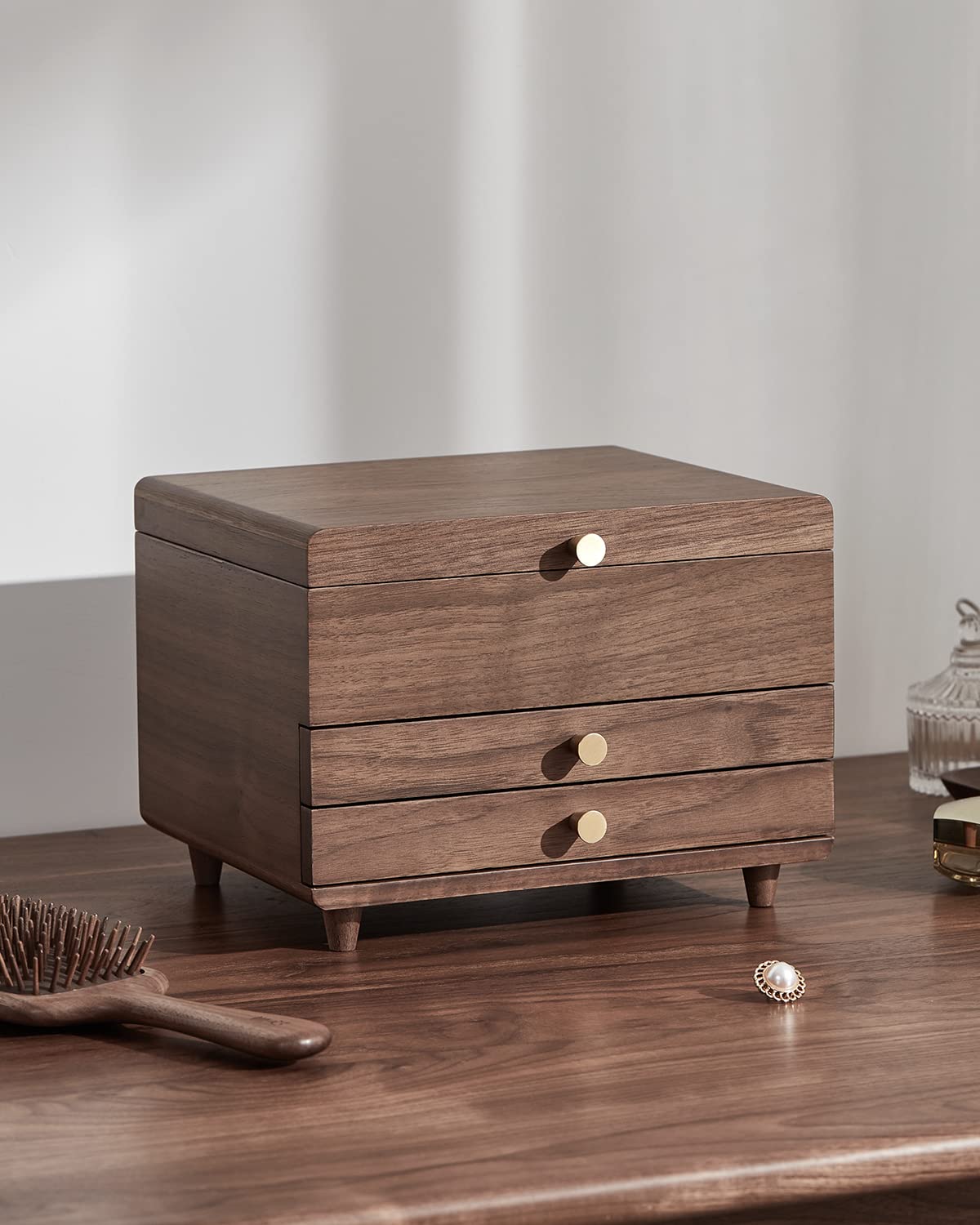 CHOSIN 3-Layer Wooden Jewelry Box Organizer - Solid Black Walnut Wood Jewelry Storage Case for Necklaces, Rings, Earrings, Watches & Bracelets - Perfect Gift for Women - Ideal for Bedroom Vanity, Dresser Top & Travel Jewelry Organization