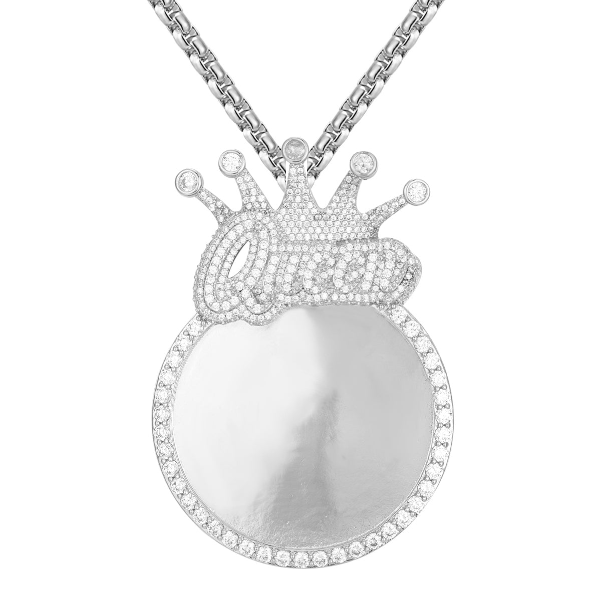 Custom Queen Crown Circle Memory Photo Frame Pendant - Personalized Icy Jewelry for Women, Gifts for Mom, Brides & Special Occasions